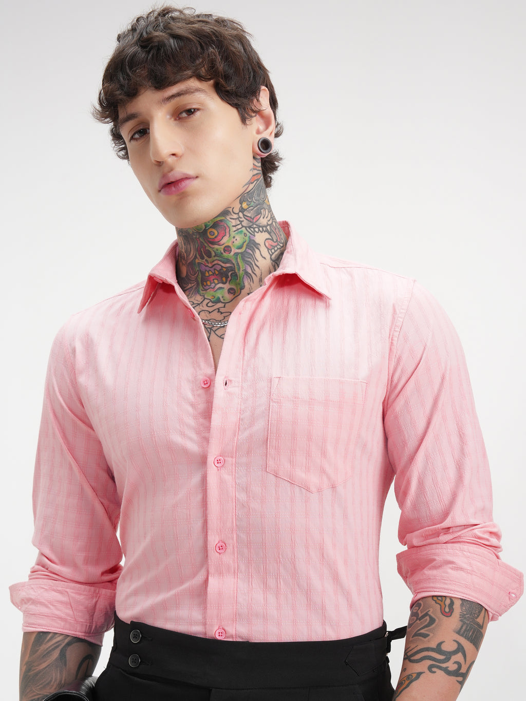 Highlander Men Pink Self Design Slim Fit Casual Shirt - Pink - Image 1
