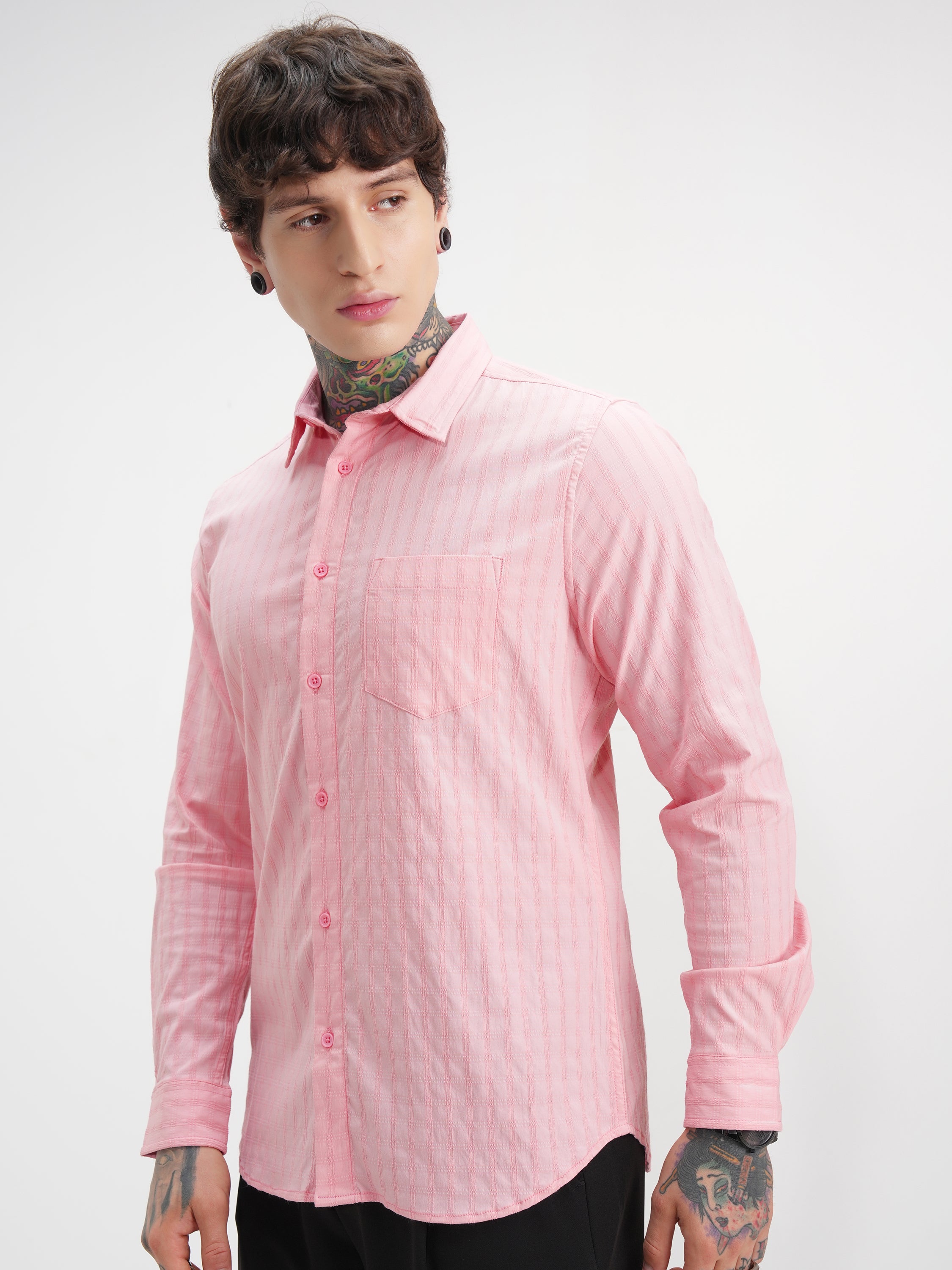 Highlander Men Pink Self Design Slim Fit Casual Shirt - Pink - Image 4