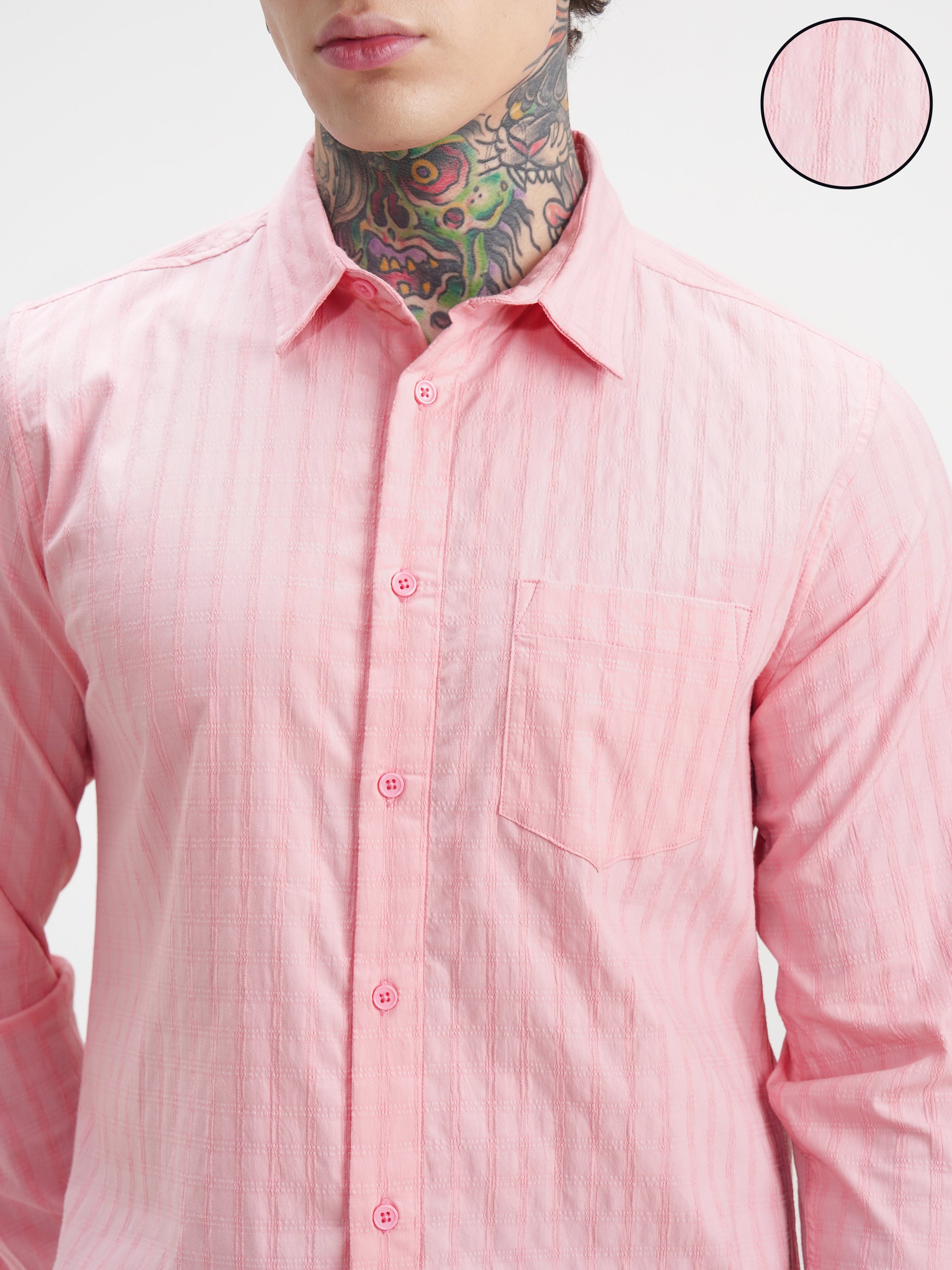 Highlander Men Pink Self Design Slim Fit Casual Shirt - Pink - Image 5