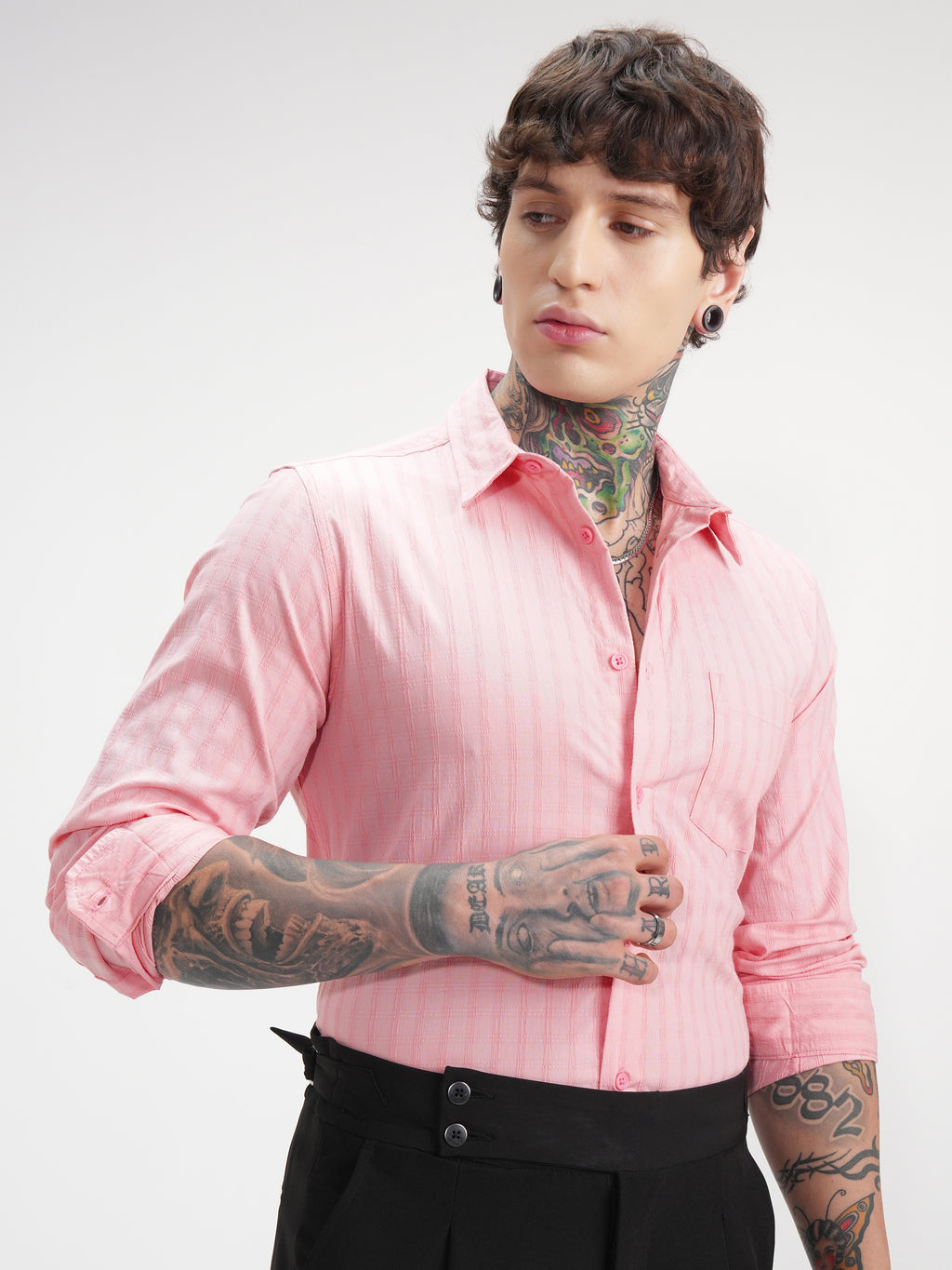 Highlander Men Pink Self Design Slim Fit Casual Shirt - Pink - Image 6