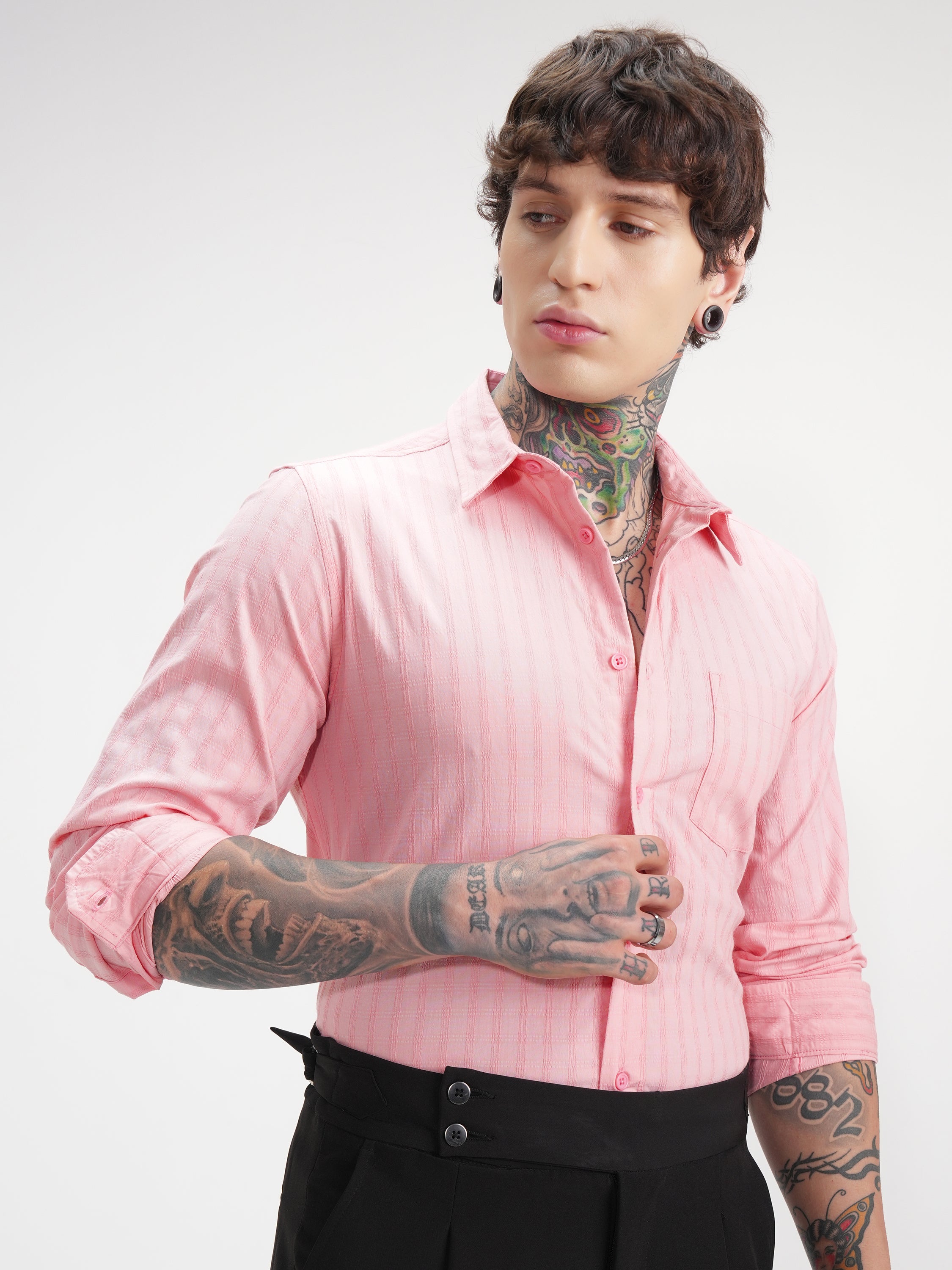 Highlander Men Pink Self Design Slim Fit Casual Shirt - Pink - Image 6