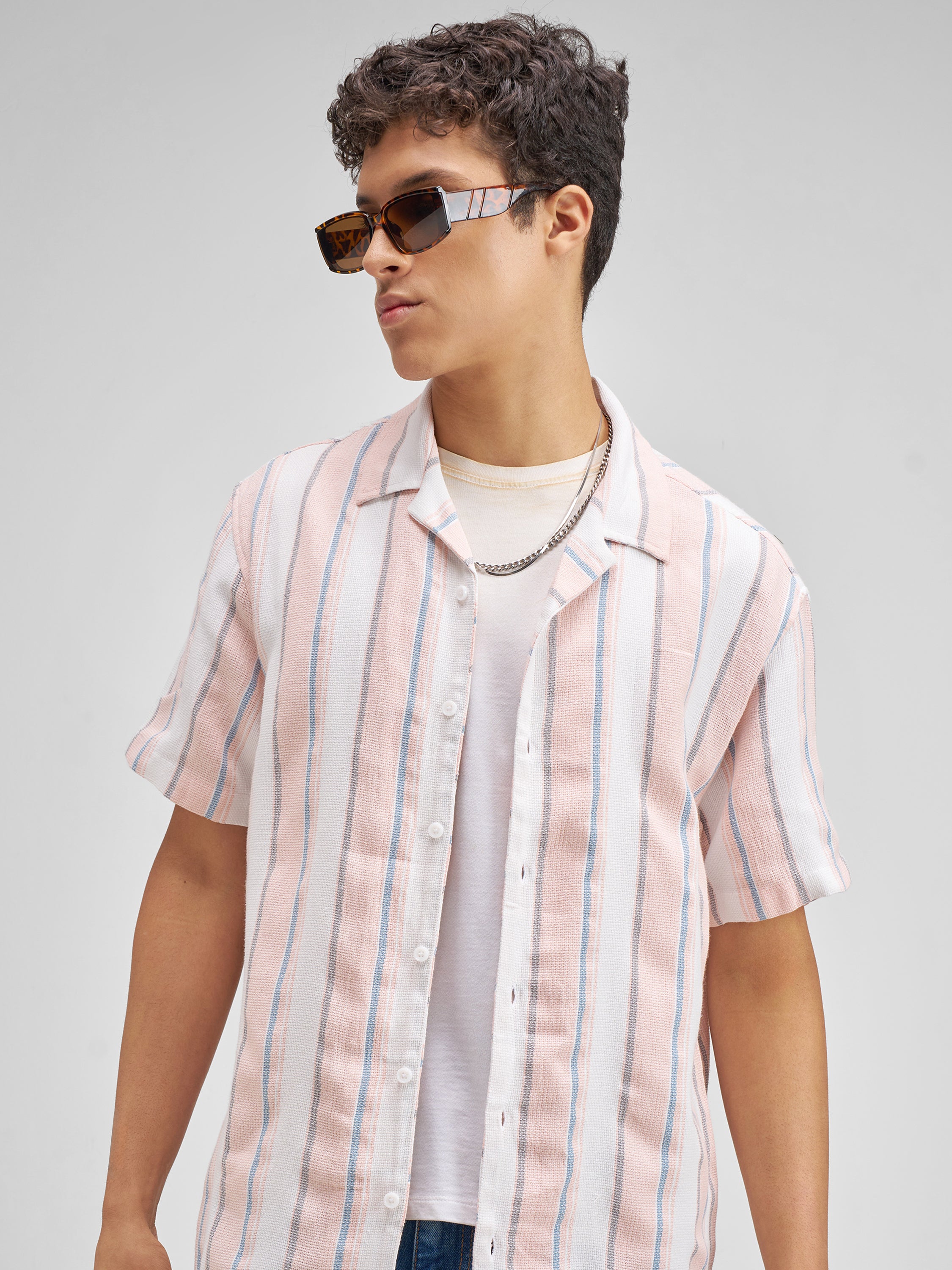 Highlander Men Pink Striped Relaxed Fit Casual Shirt - Pink - Image 1