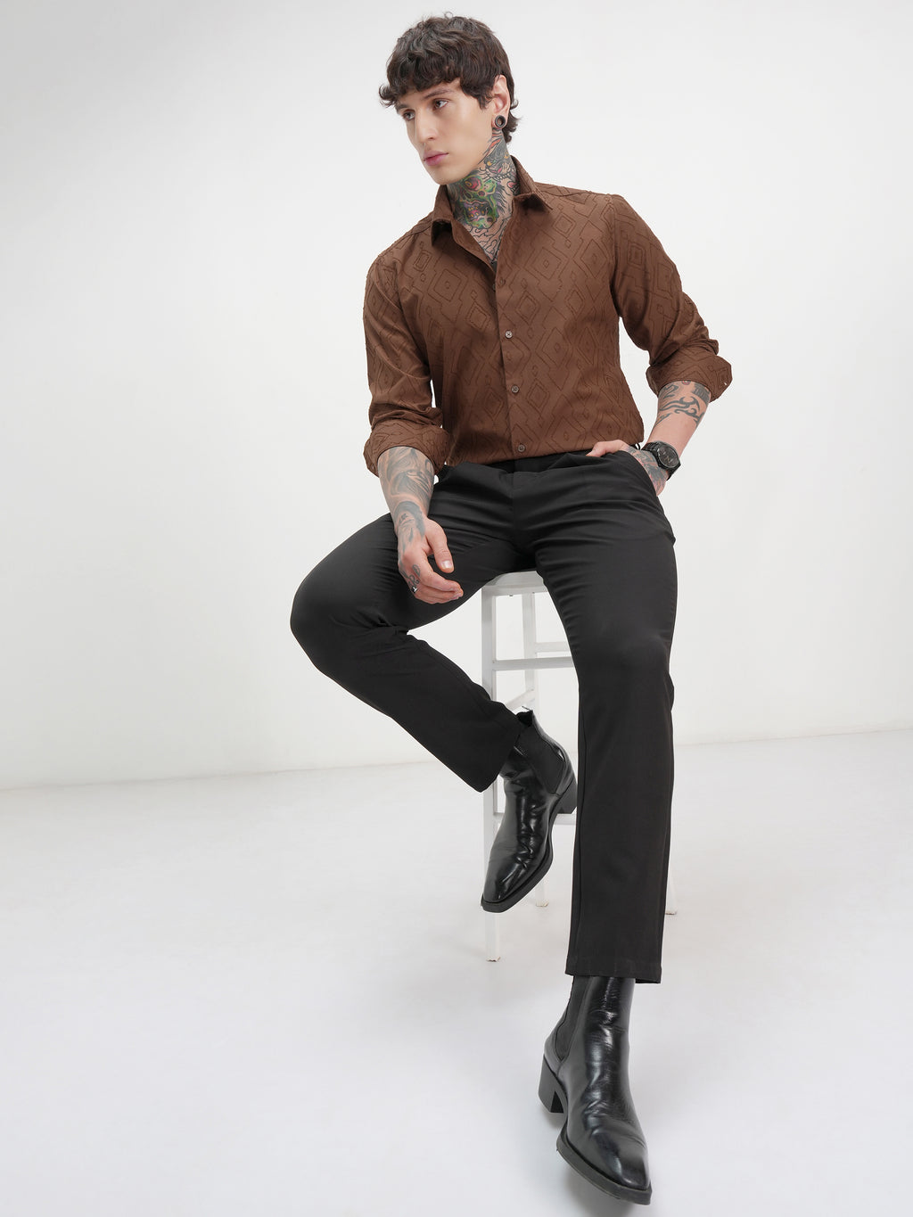 Highlander Men Brown Self Design Slim Fit Casual Shirt - Brown - Image 2