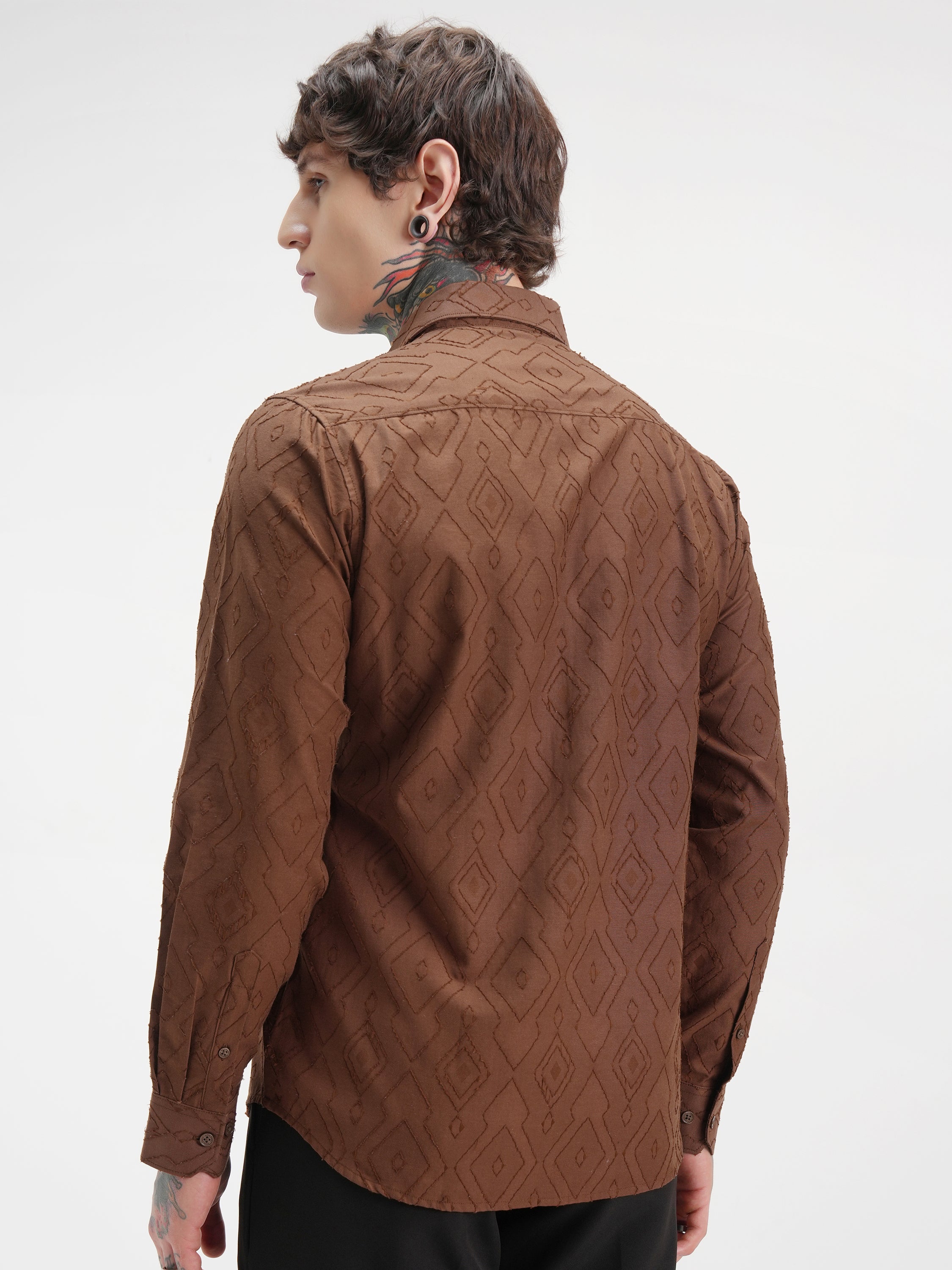 Highlander Men Brown Self Design Slim Fit Casual Shirt - Brown - Image 3