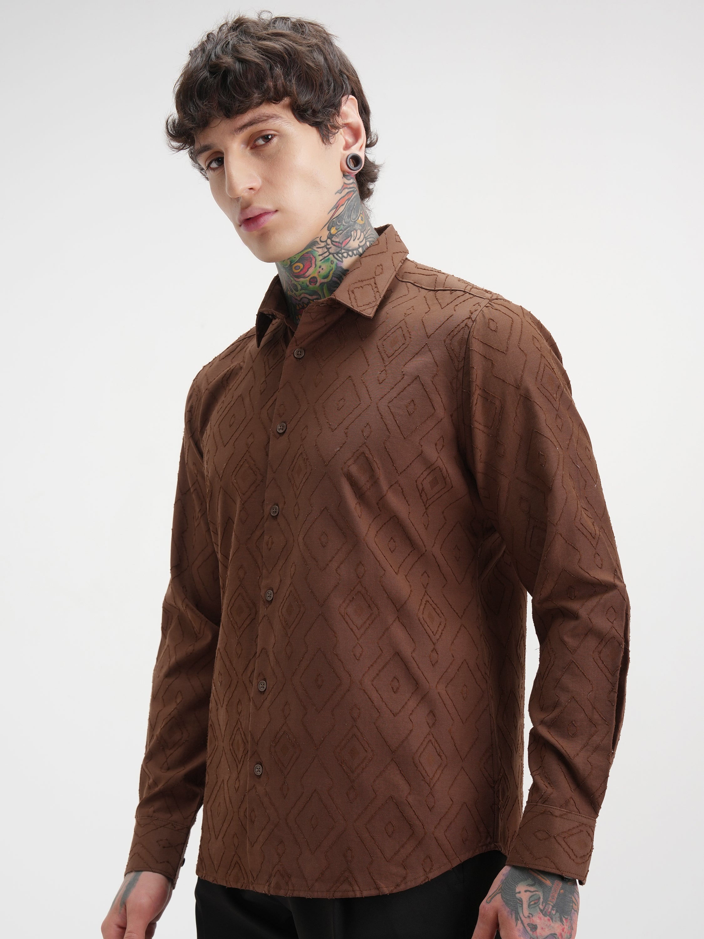 Highlander Men Brown Self Design Slim Fit Casual Shirt - Brown - Image 4