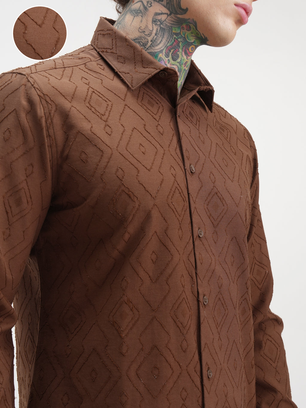 Highlander Men Brown Self Design Slim Fit Casual Shirt - Brown - Image 5