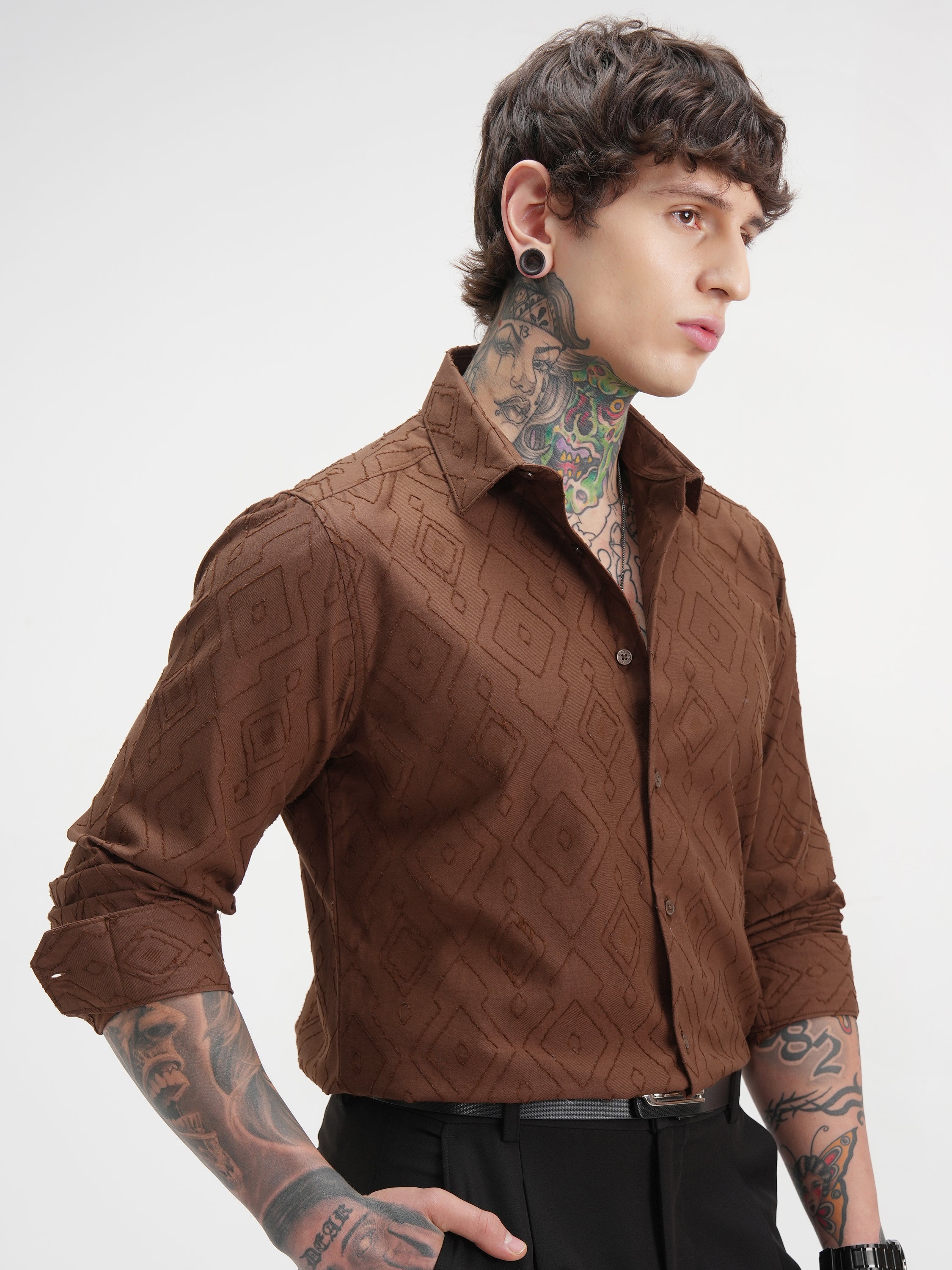 Highlander Men Brown Self Design Slim Fit Casual Shirt - Brown - Image 6