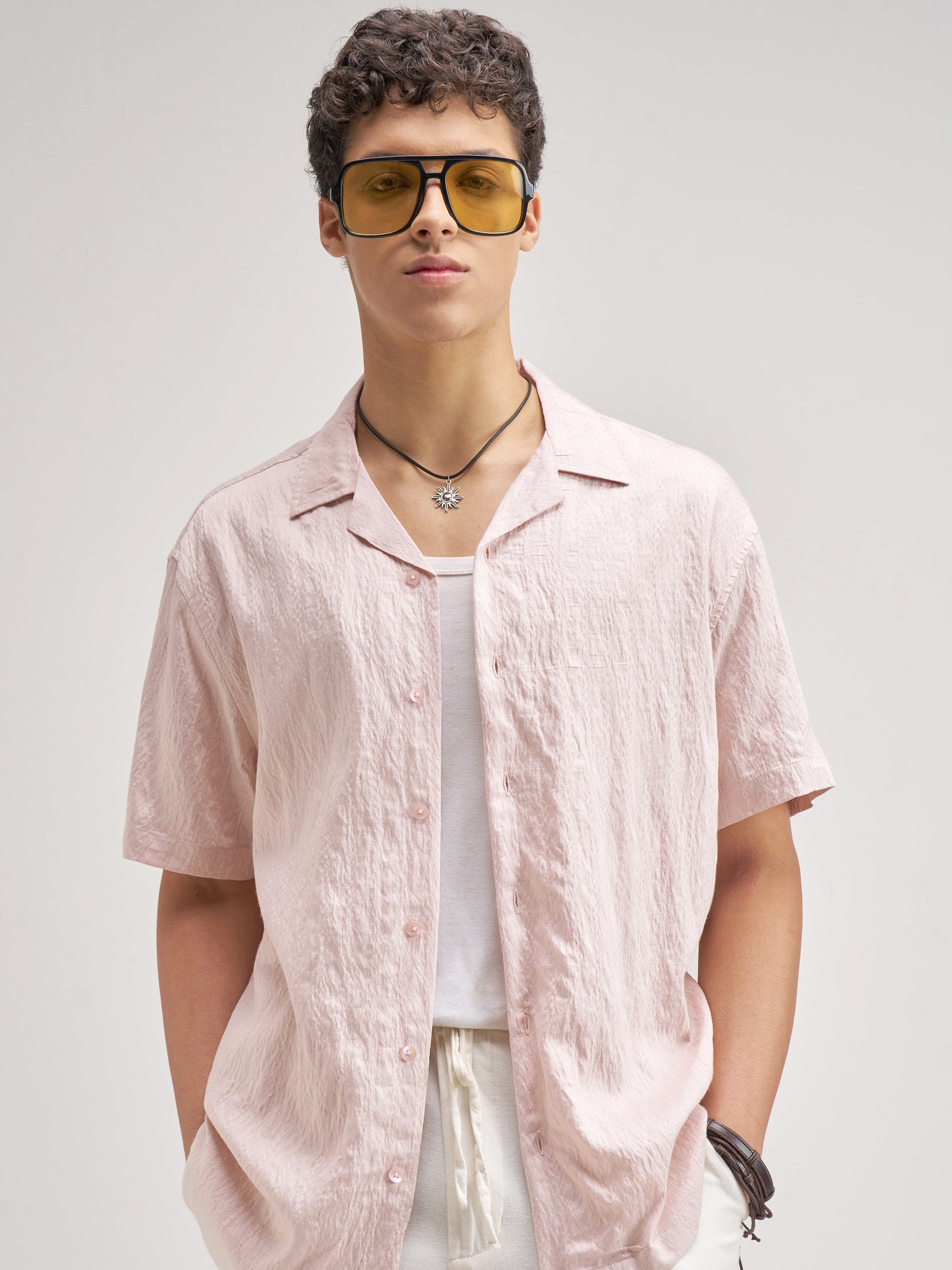 Highlander Men Pink Crushed Relaxed Fit Casual Shirt - Pink - Image 1