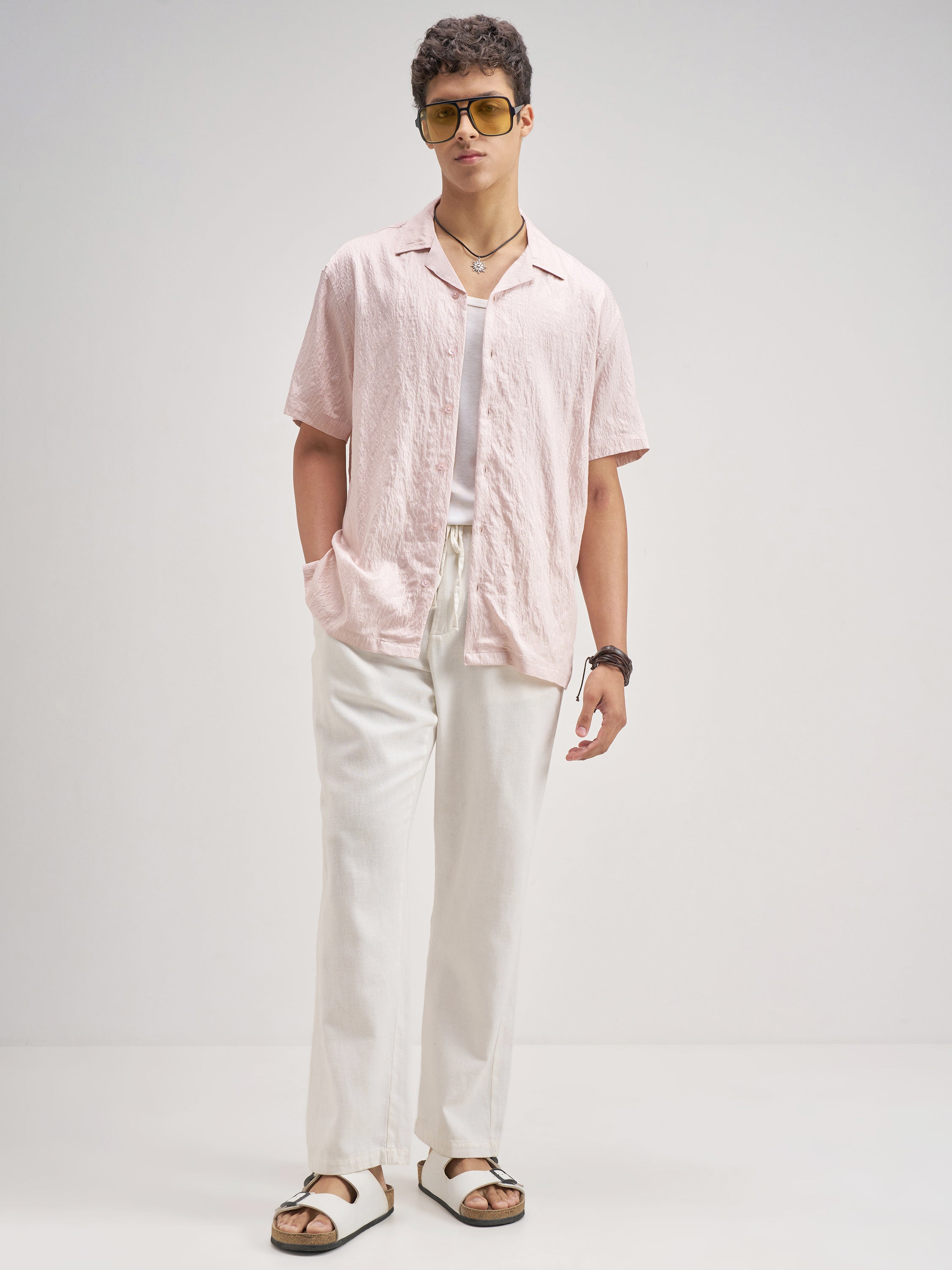 Highlander Men Pink Crushed Relaxed Fit Casual Shirt - Pink - Image 2