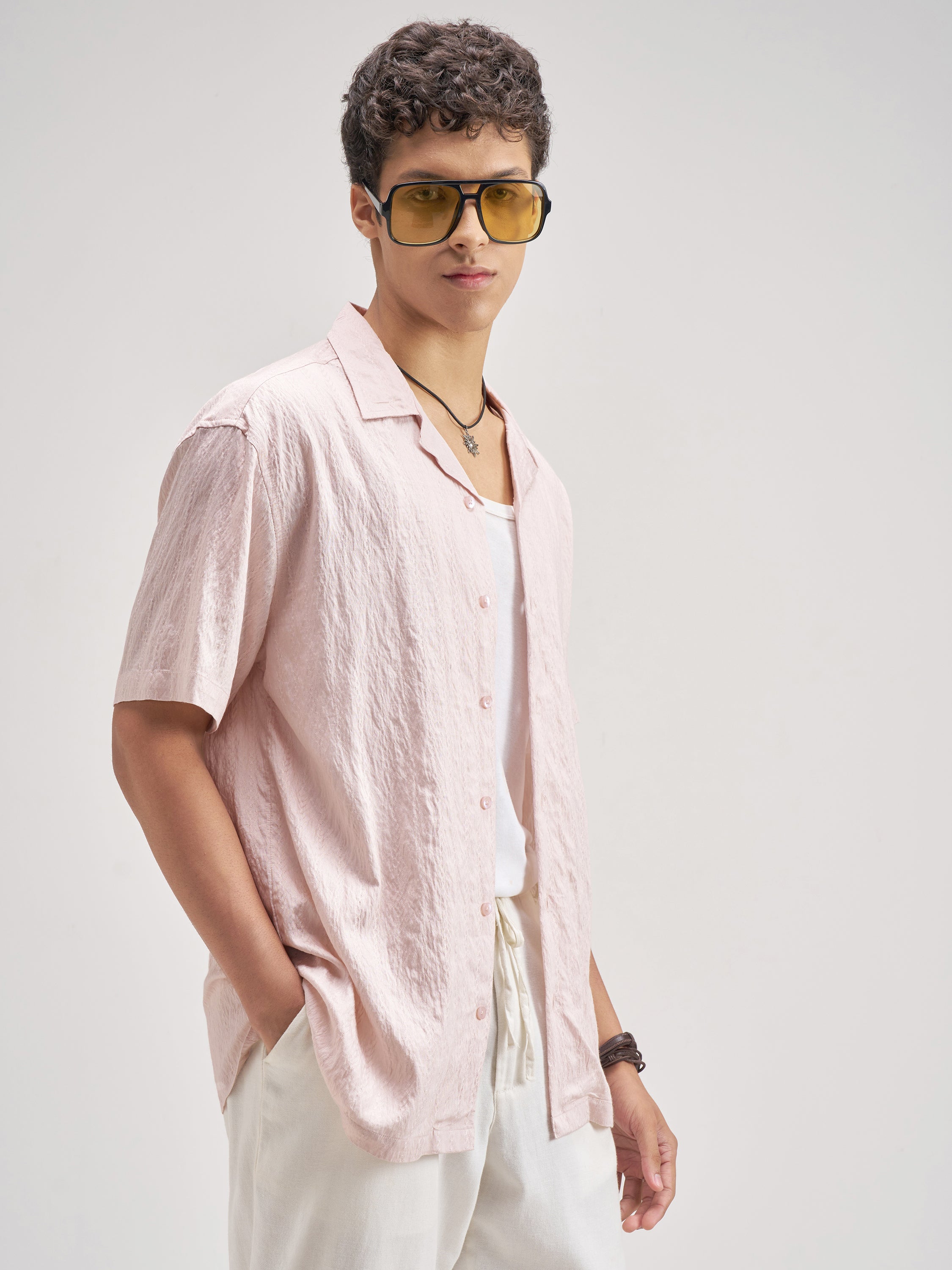 Highlander Men Pink Crushed Relaxed Fit Casual Shirt - Pink - Image 6