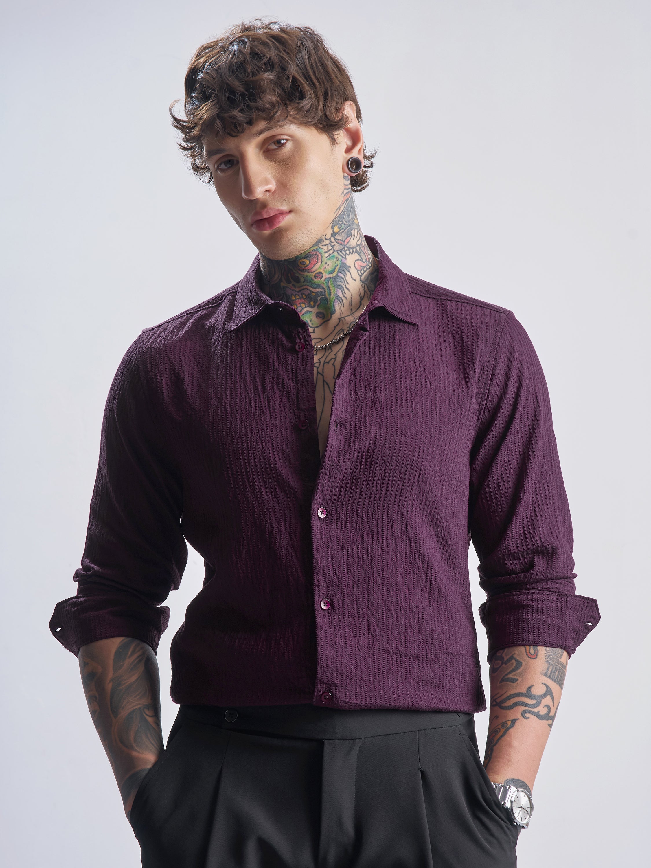 Highlander Men Purple Self Design Slim Fit Casual Shirt - Purple - Image 1