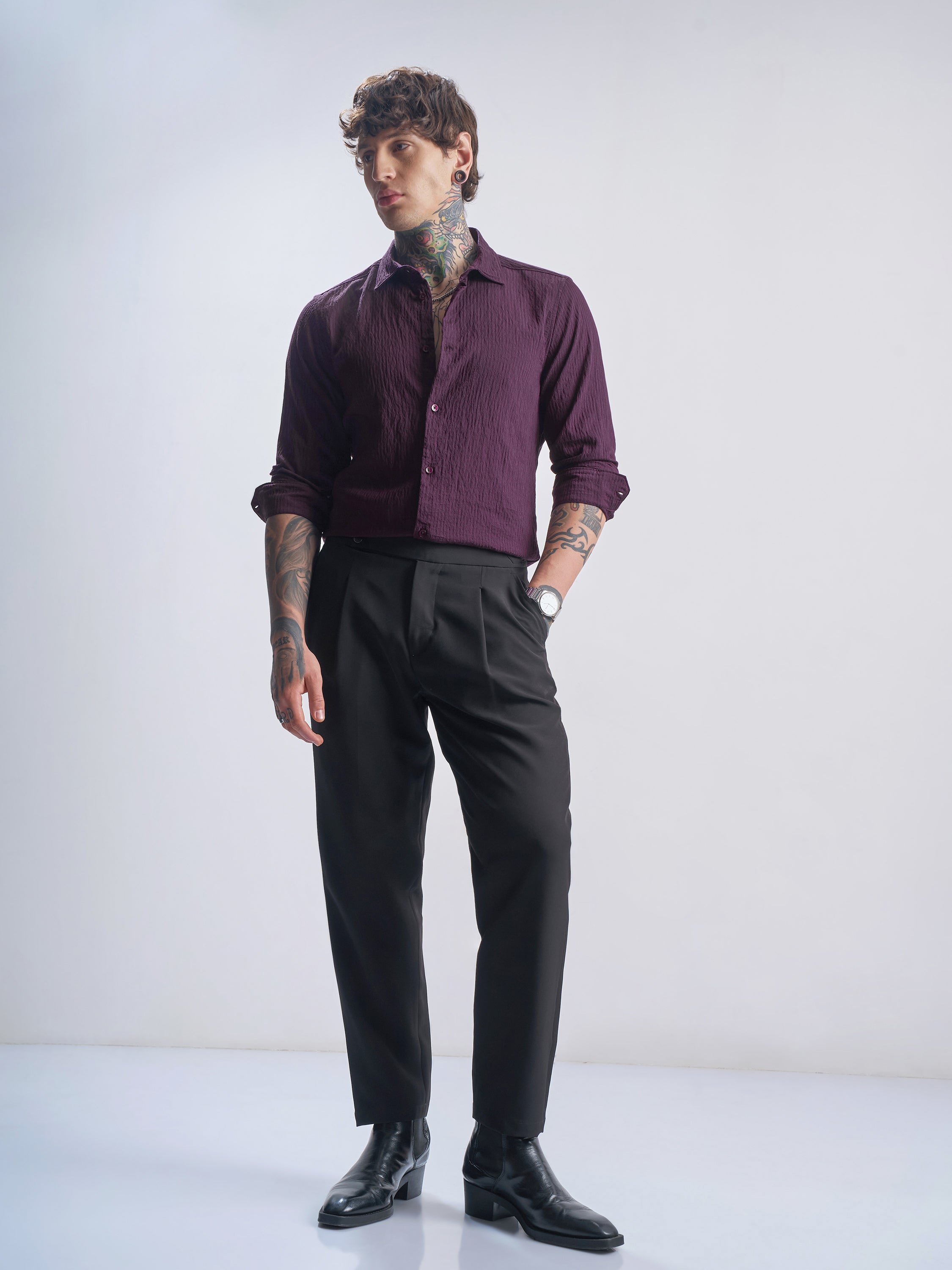 Highlander Men Purple Self Design Slim Fit Casual Shirt - Purple - Image 2