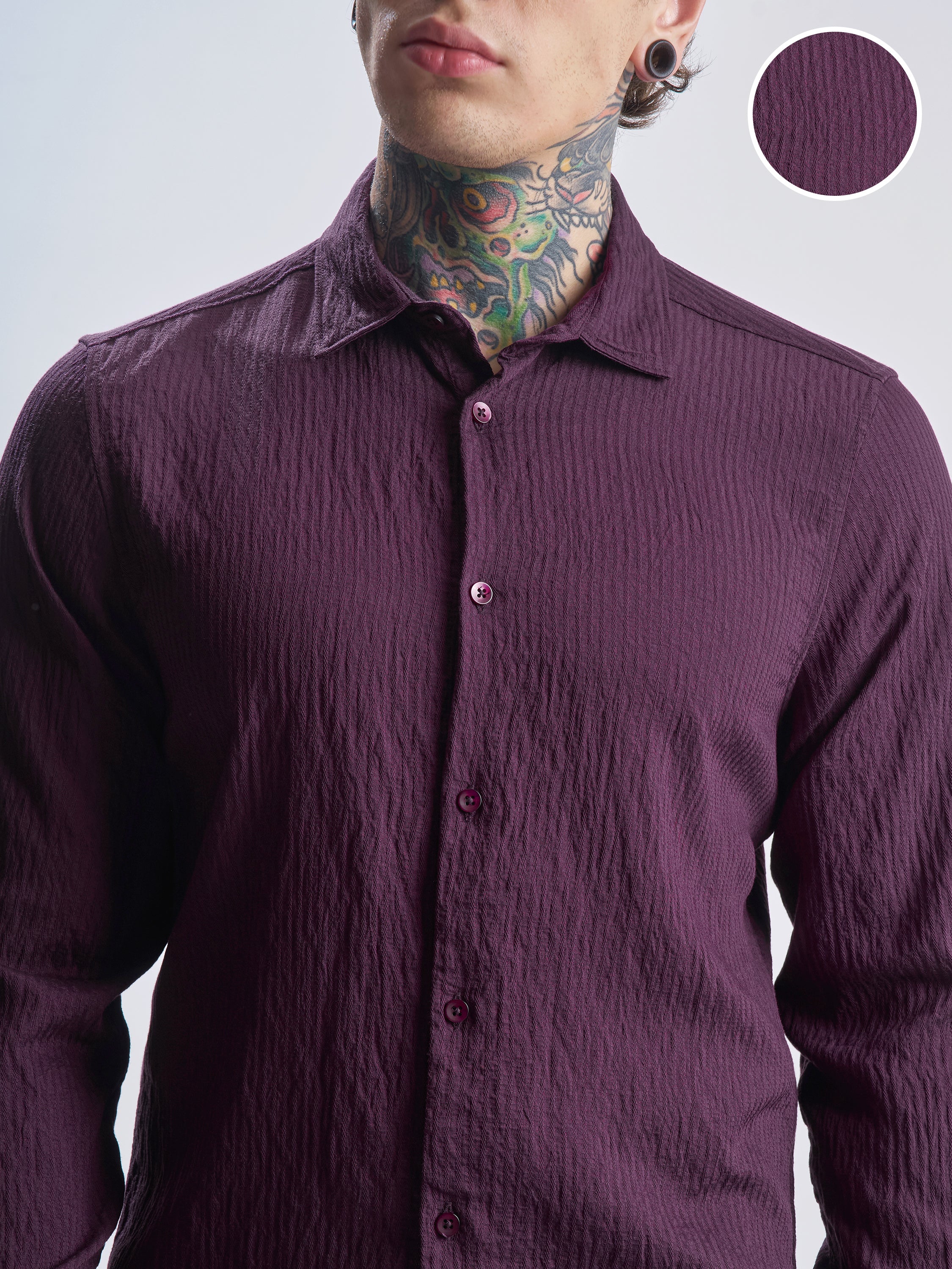 Highlander Men Purple Self Design Slim Fit Casual Shirt - Purple - Image 5