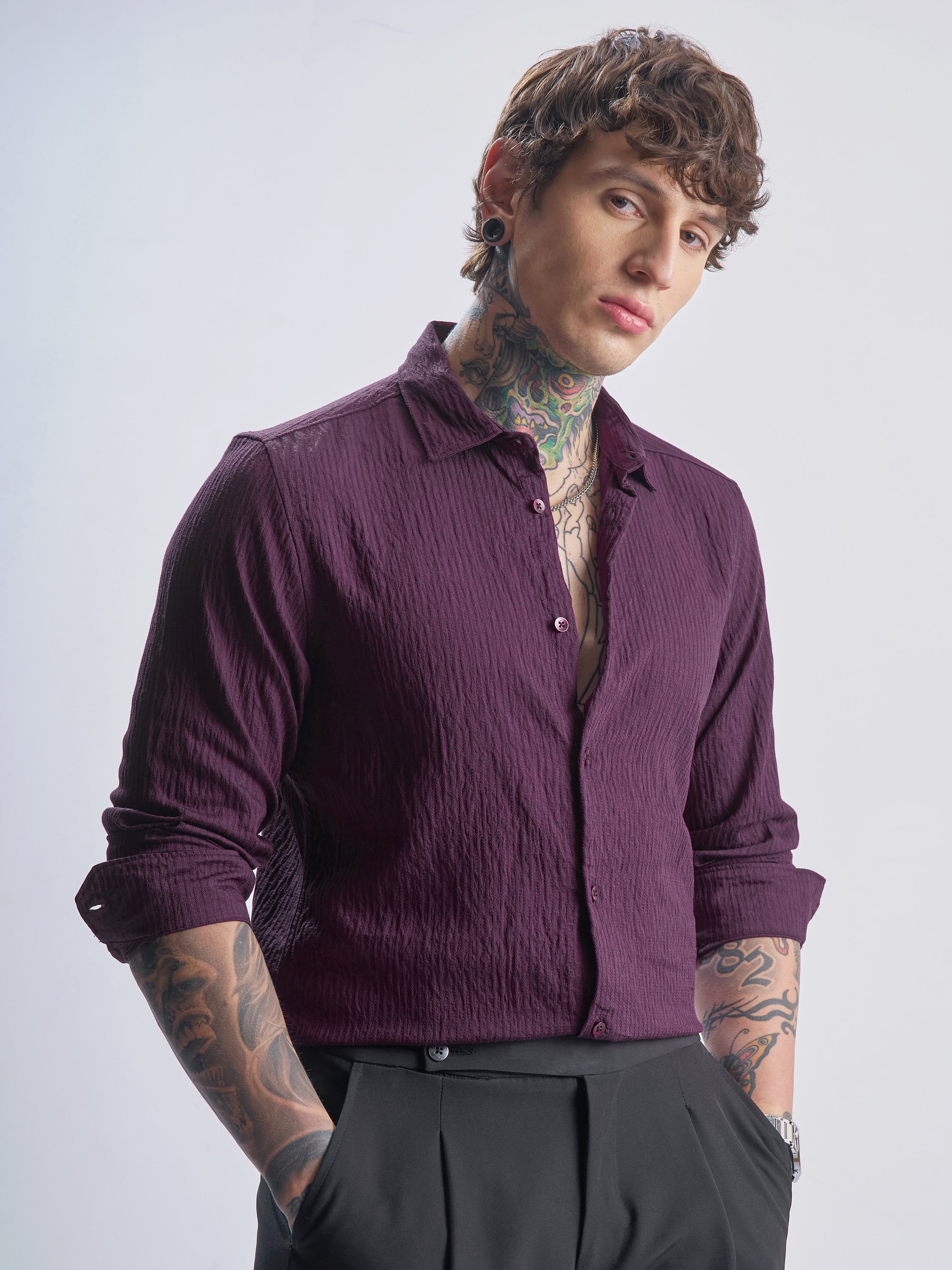 Highlander Men Purple Self Design Slim Fit Casual Shirt - Purple - Image 6