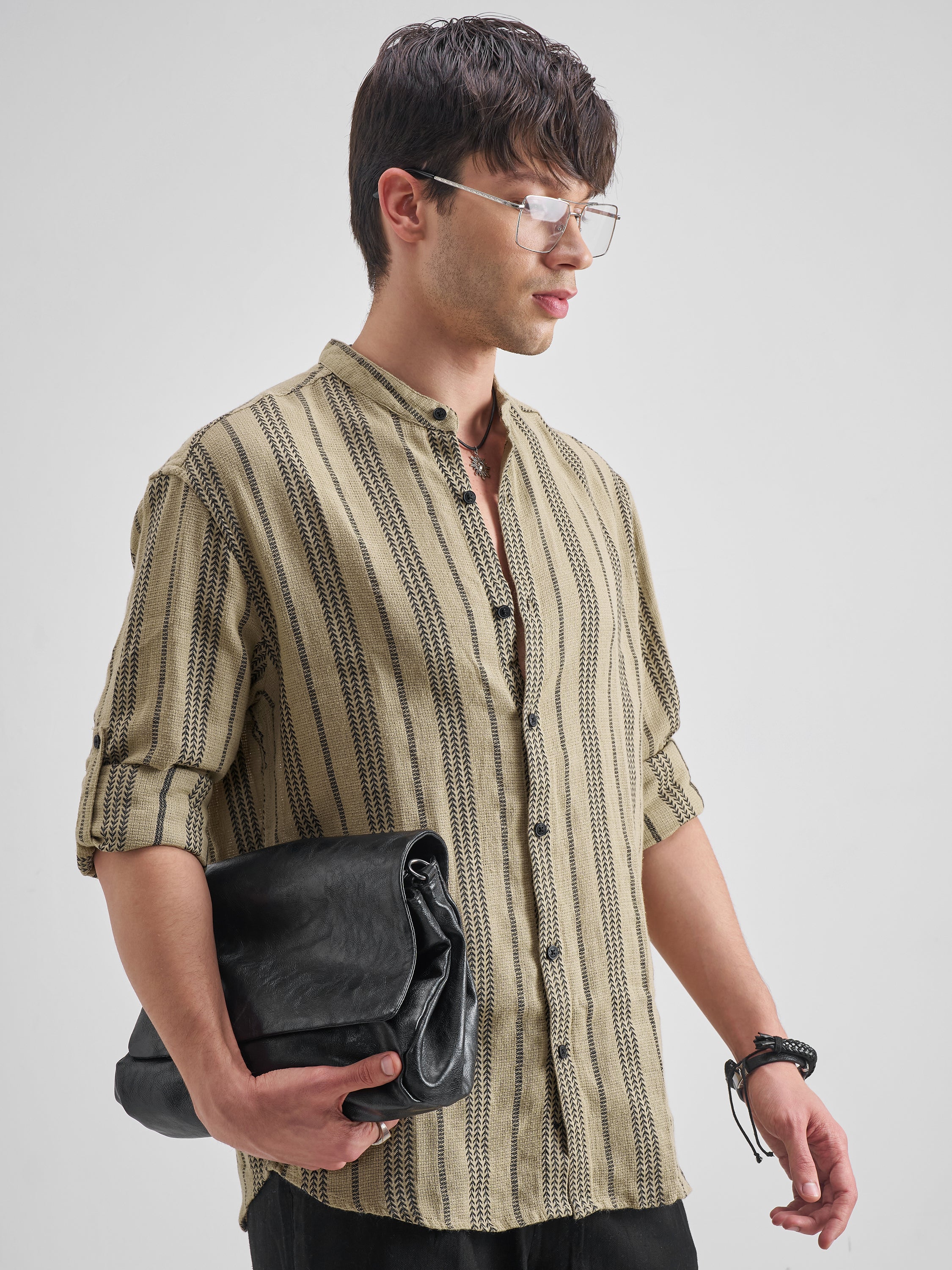 Highlander Men Khaki Striped Relaxed Fit Casual Shirt - Khaki - Image 6