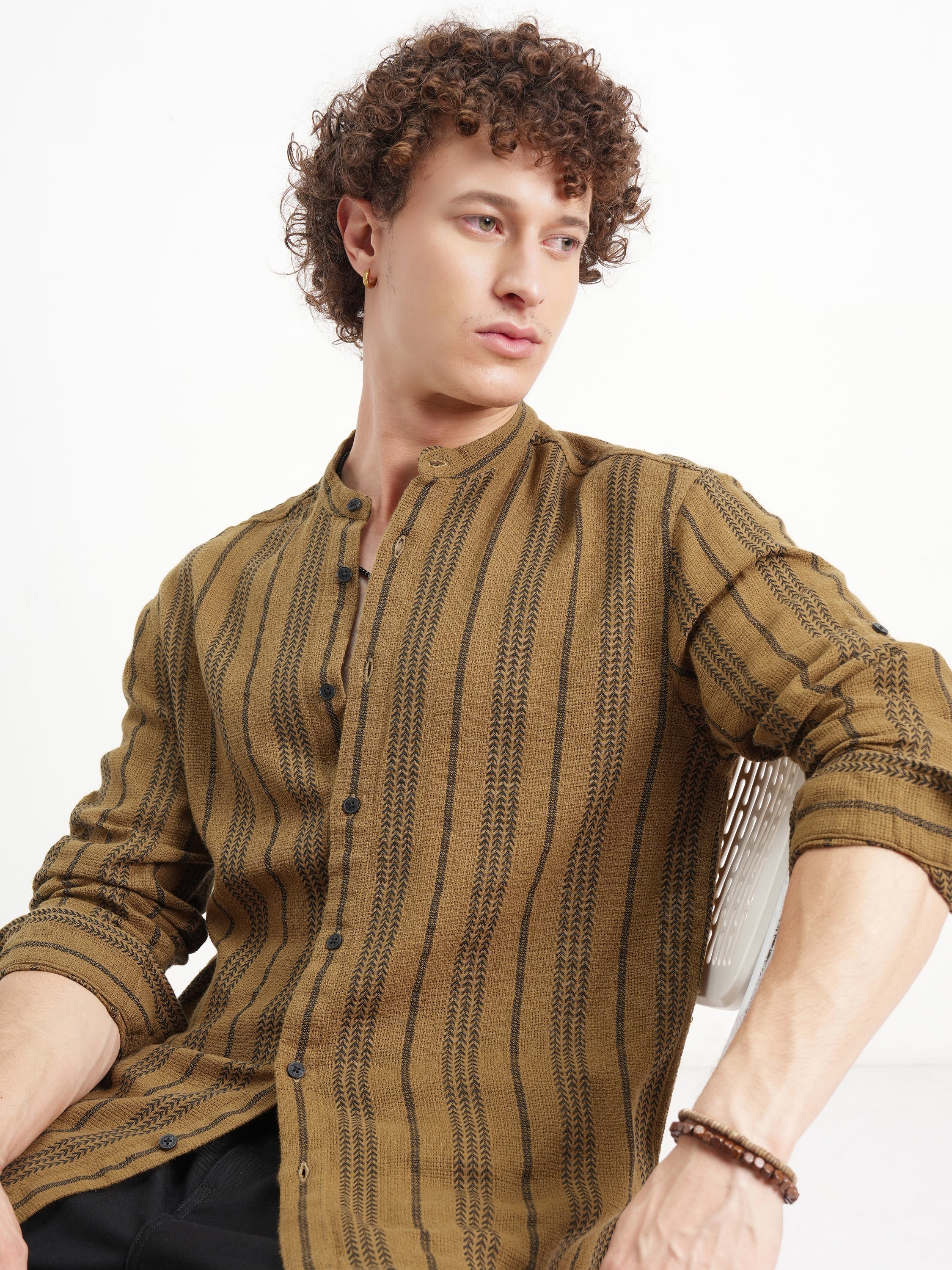 Highlander Men Mustard Striped Relaxed Fit Casual Shirt - Mustard - Image 1