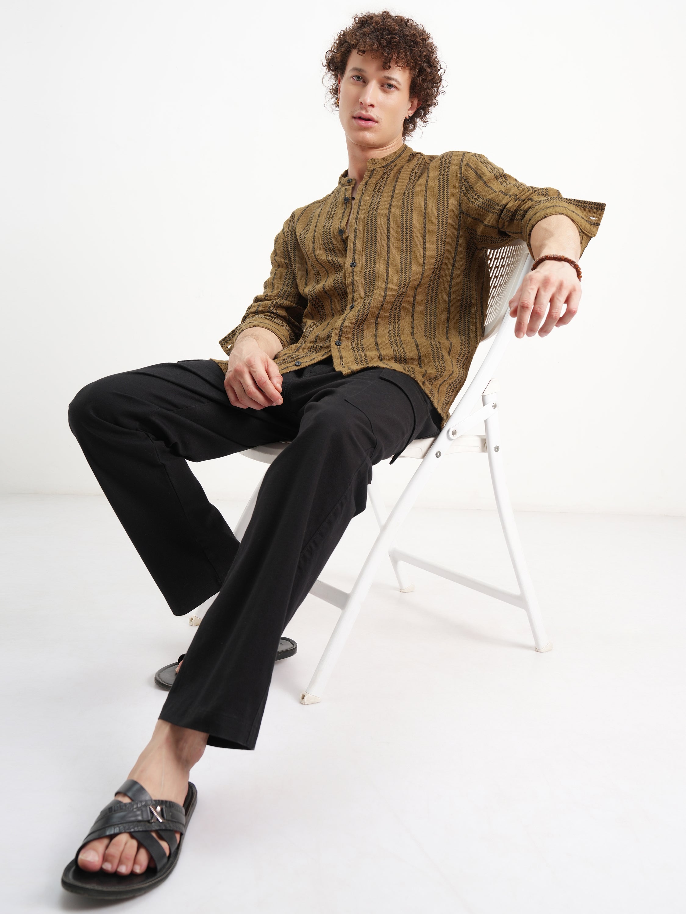 Highlander Men Mustard Striped Relaxed Fit Casual Shirt - Mustard - Image 2