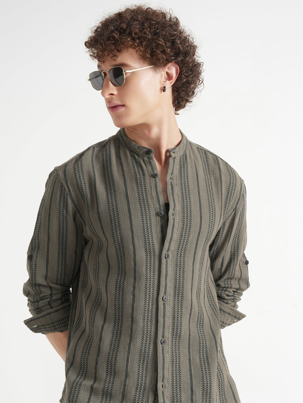Highlander Men Olive Striped Relaxed Fit Casual Shirt - Olive - Image 1