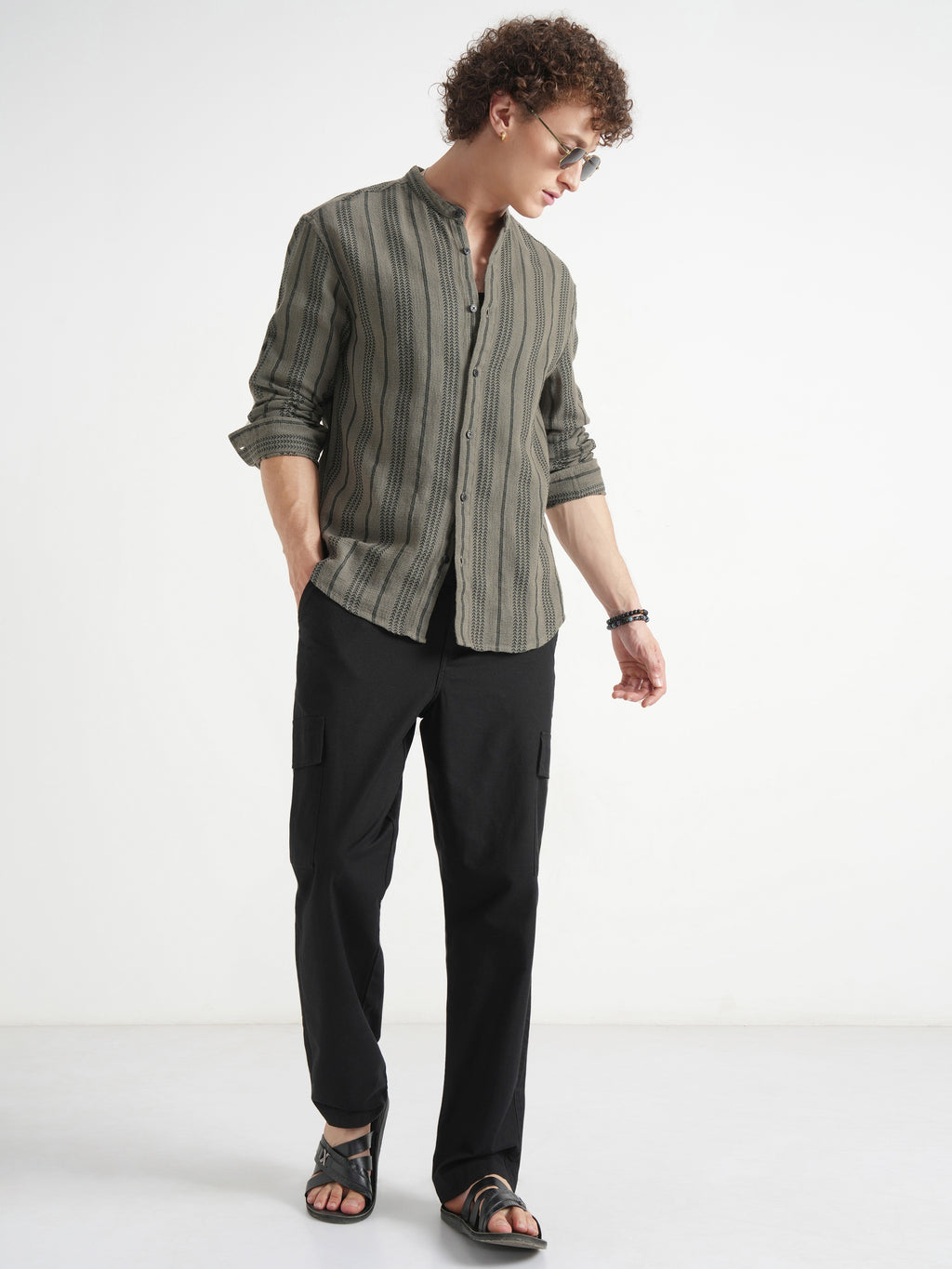 Highlander Men Olive Striped Relaxed Fit Casual Shirt - Olive - Image 2