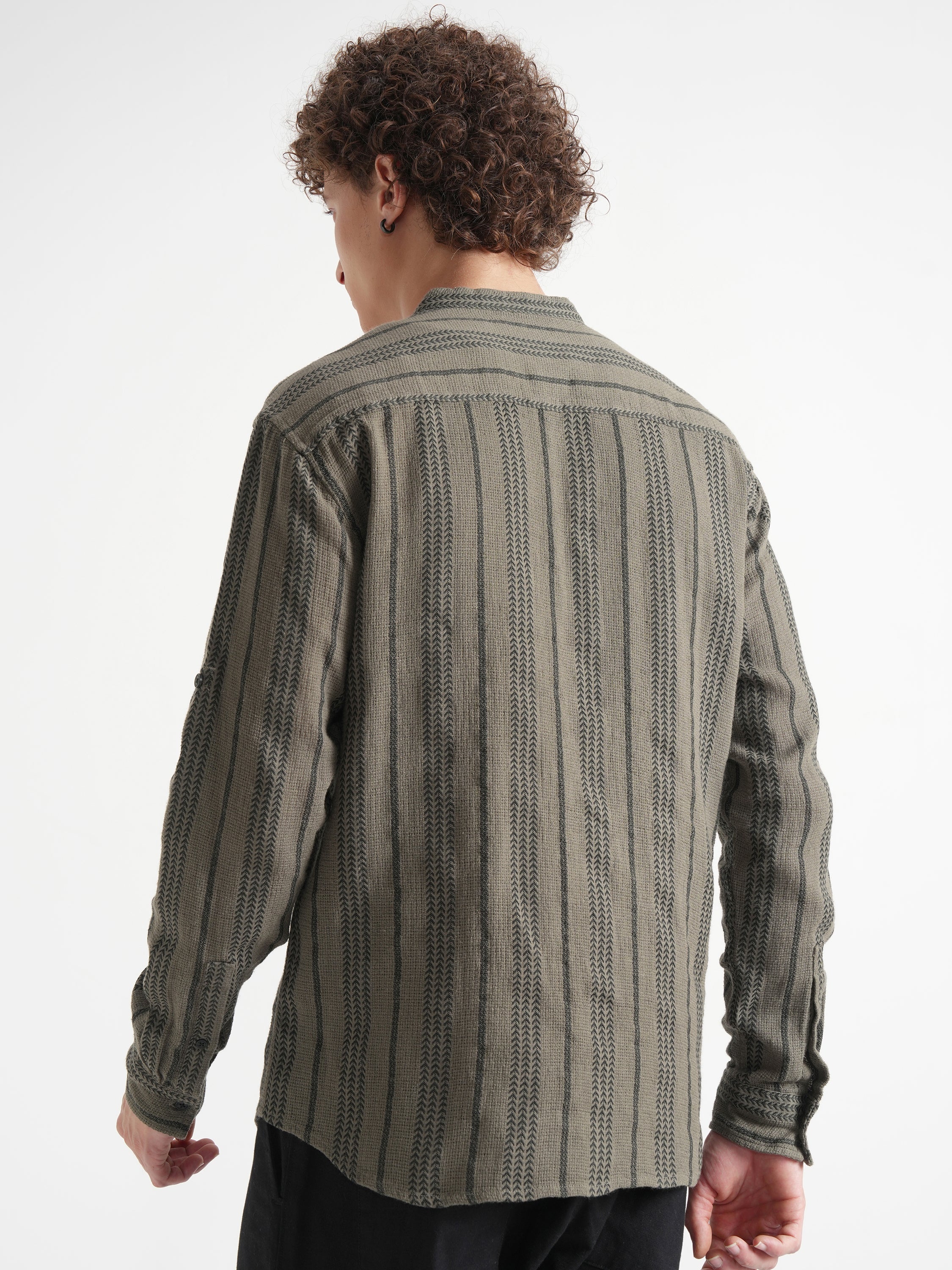 Highlander Men Olive Striped Relaxed Fit Casual Shirt - Olive - Image 3