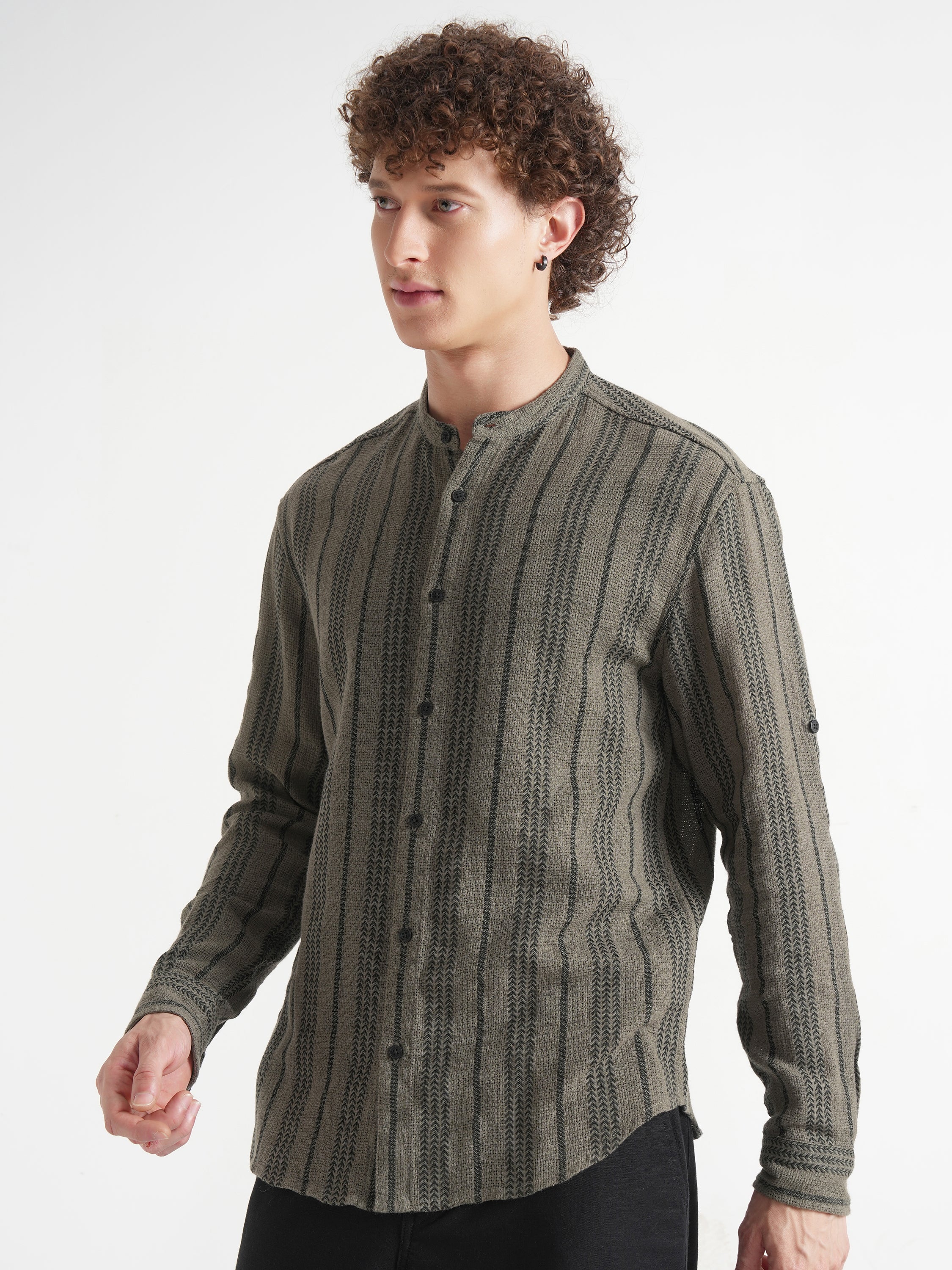 Highlander Men Olive Striped Relaxed Fit Casual Shirt - Olive - Image 4