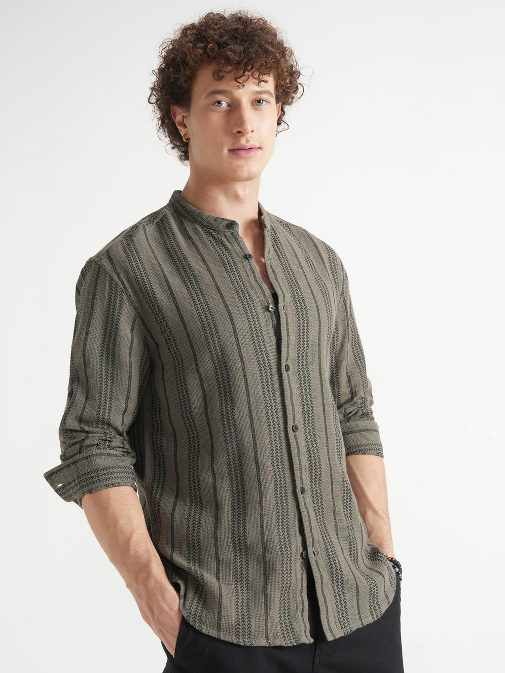 Highlander Men Olive Striped Relaxed Fit Casual Shirt - Olive - Image 6