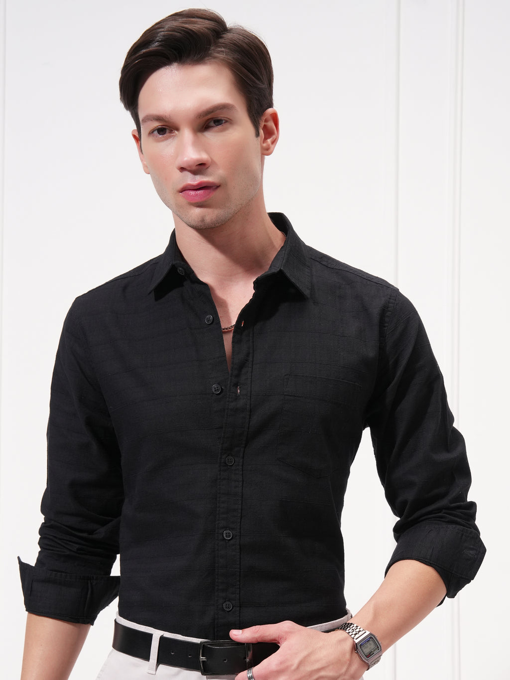 Highlander Men Black Self Design Slim Fit Casual Shirt - Black - Image 1