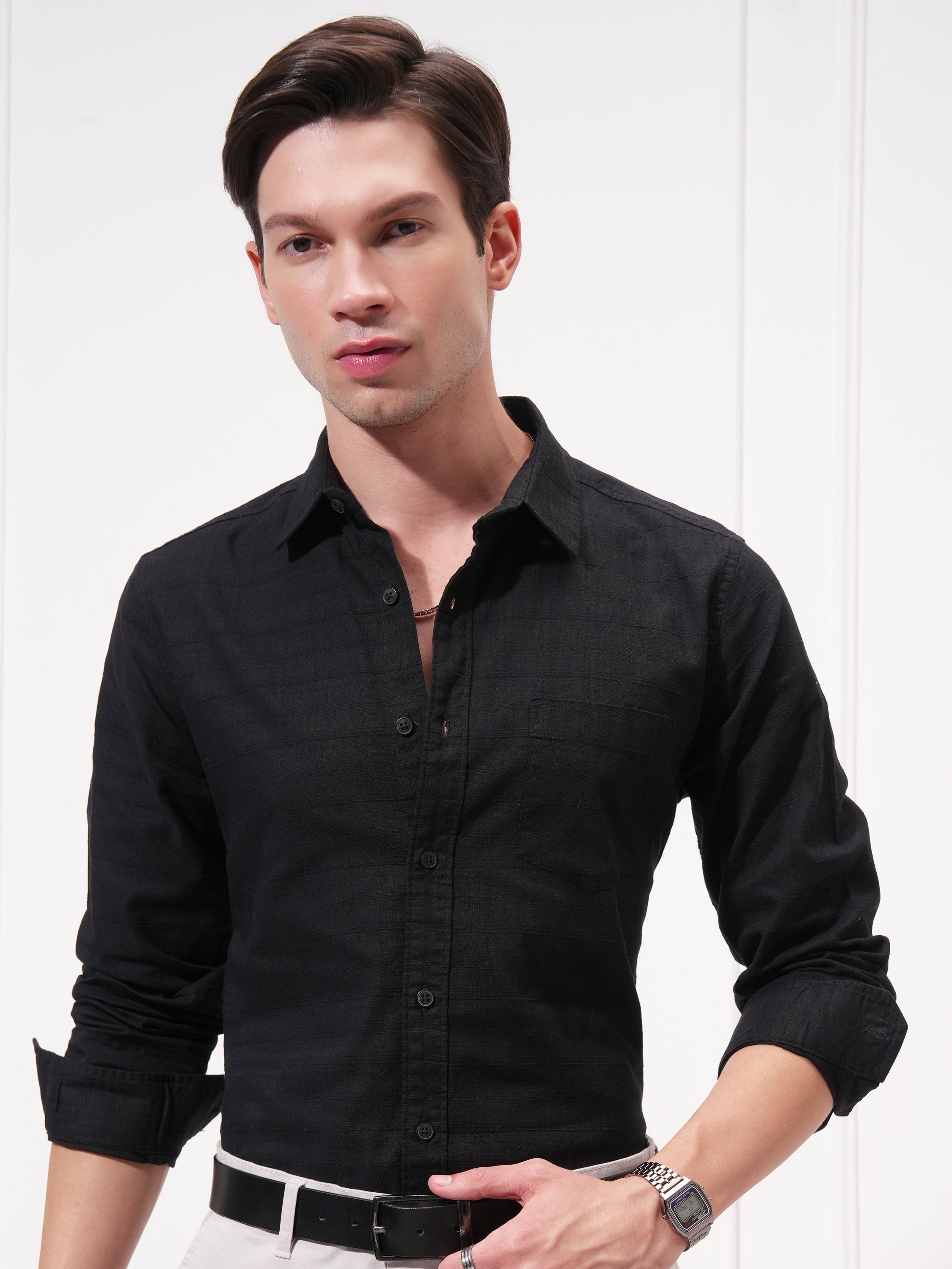 Highlander Men Black Self Design Slim Fit Casual Shirt - Black - Image 1
