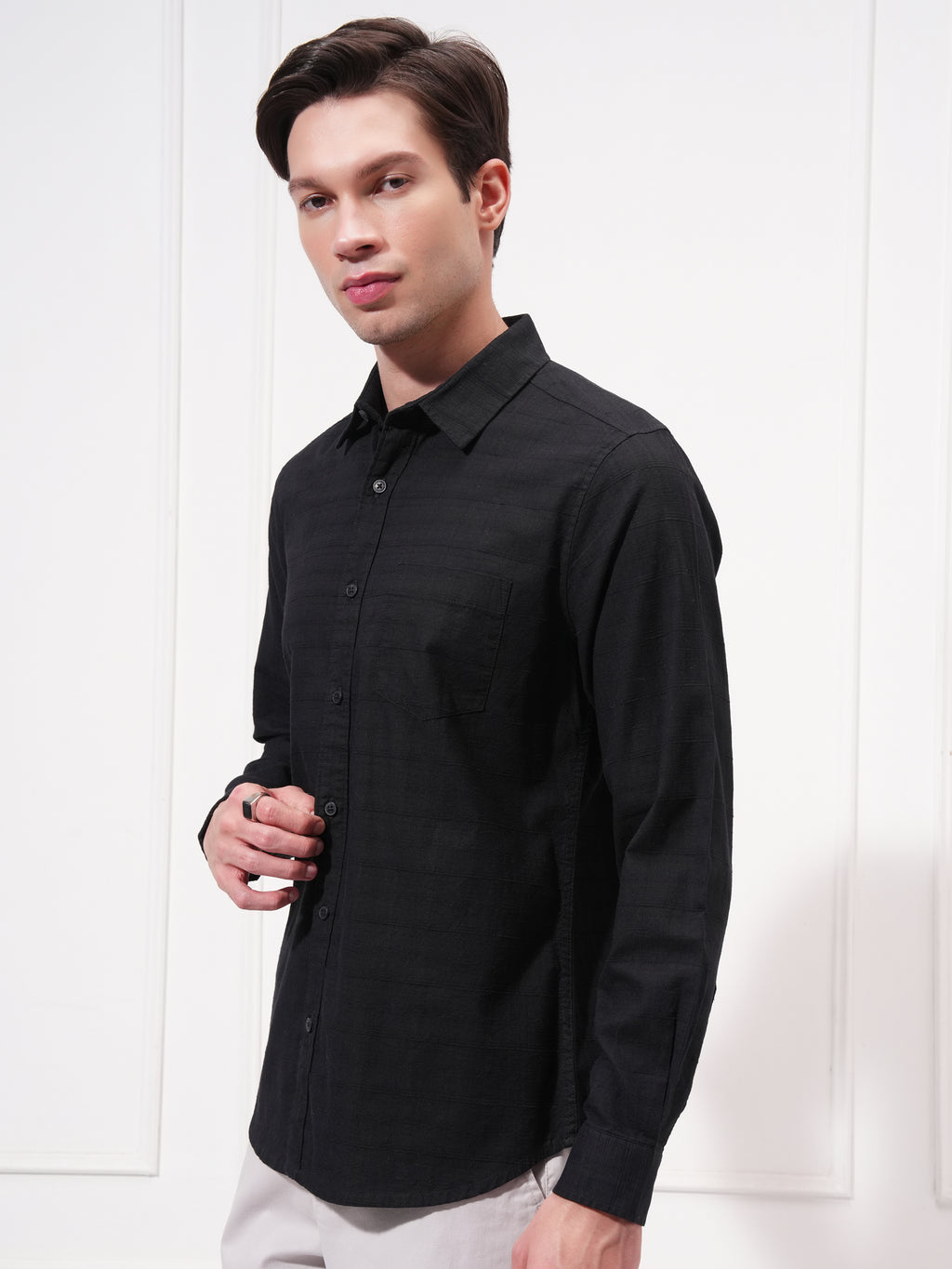 Highlander Men Black Self Design Slim Fit Casual Shirt - Black - Image 4