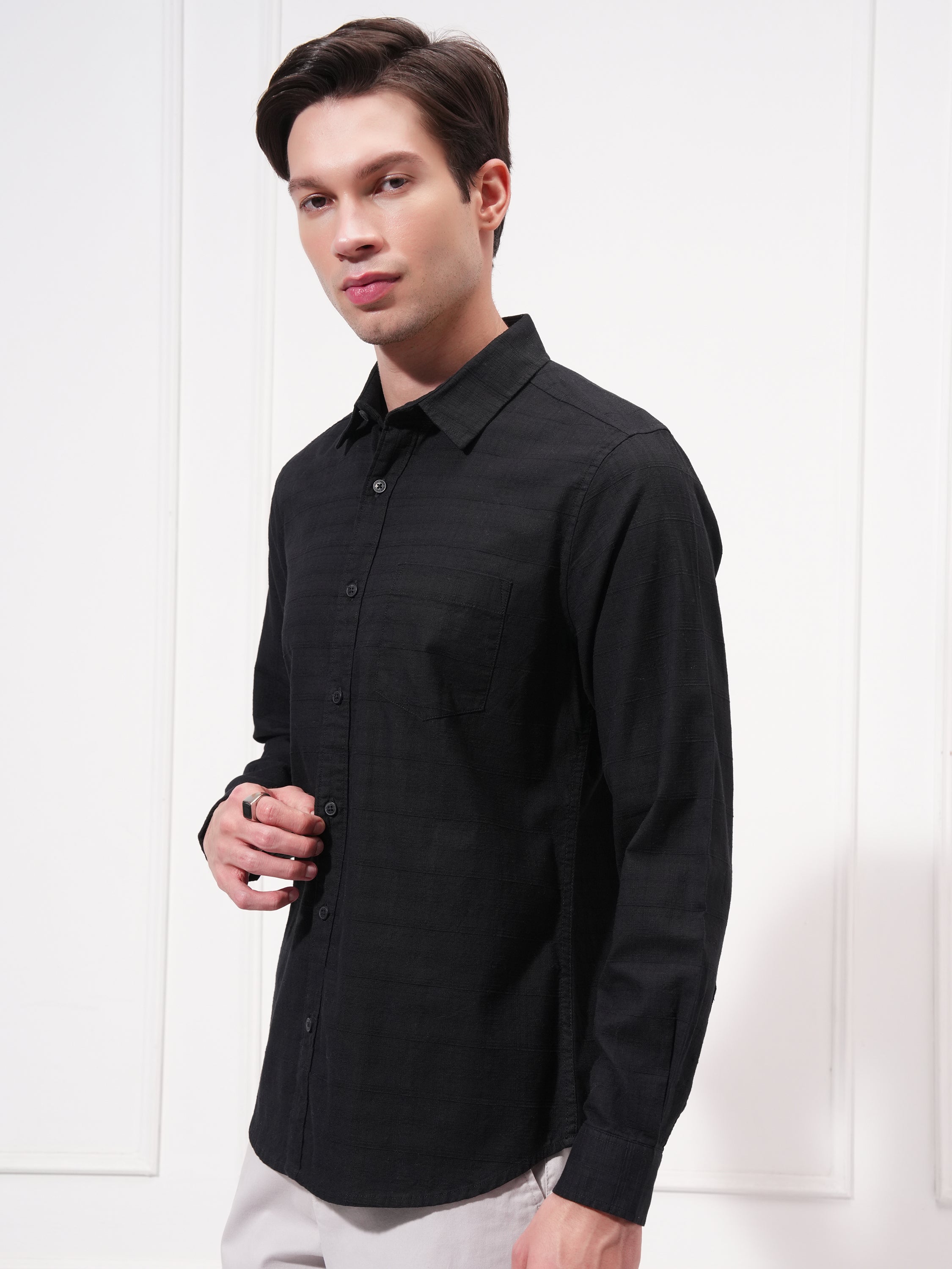 Highlander Men Black Self Design Slim Fit Casual Shirt - Black - Image 4
