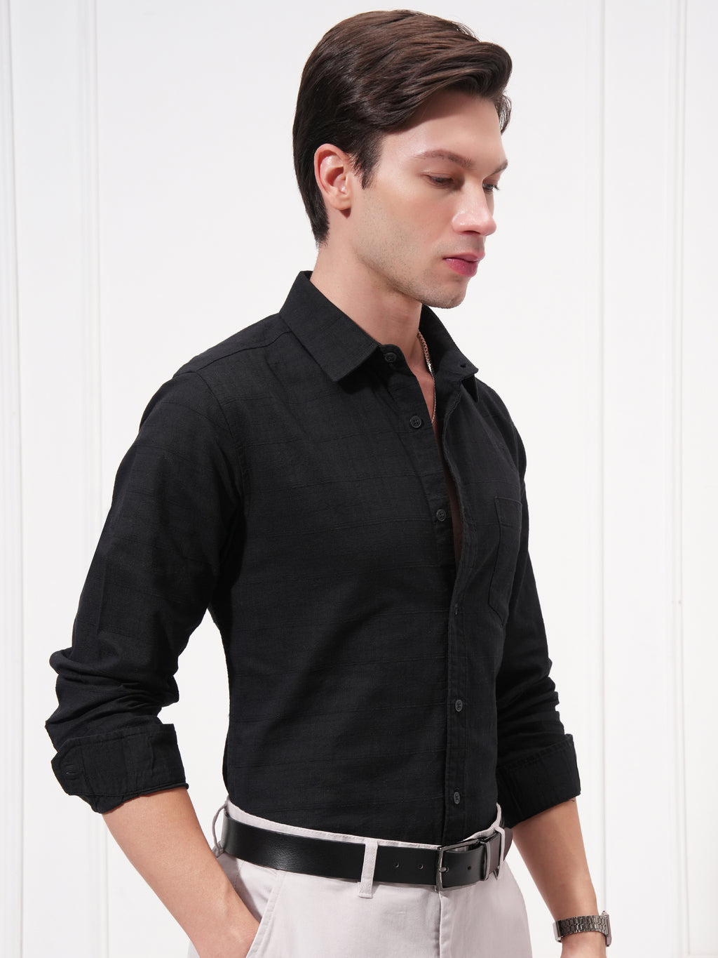 Highlander Men Black Self Design Slim Fit Casual Shirt - Black - Image 6