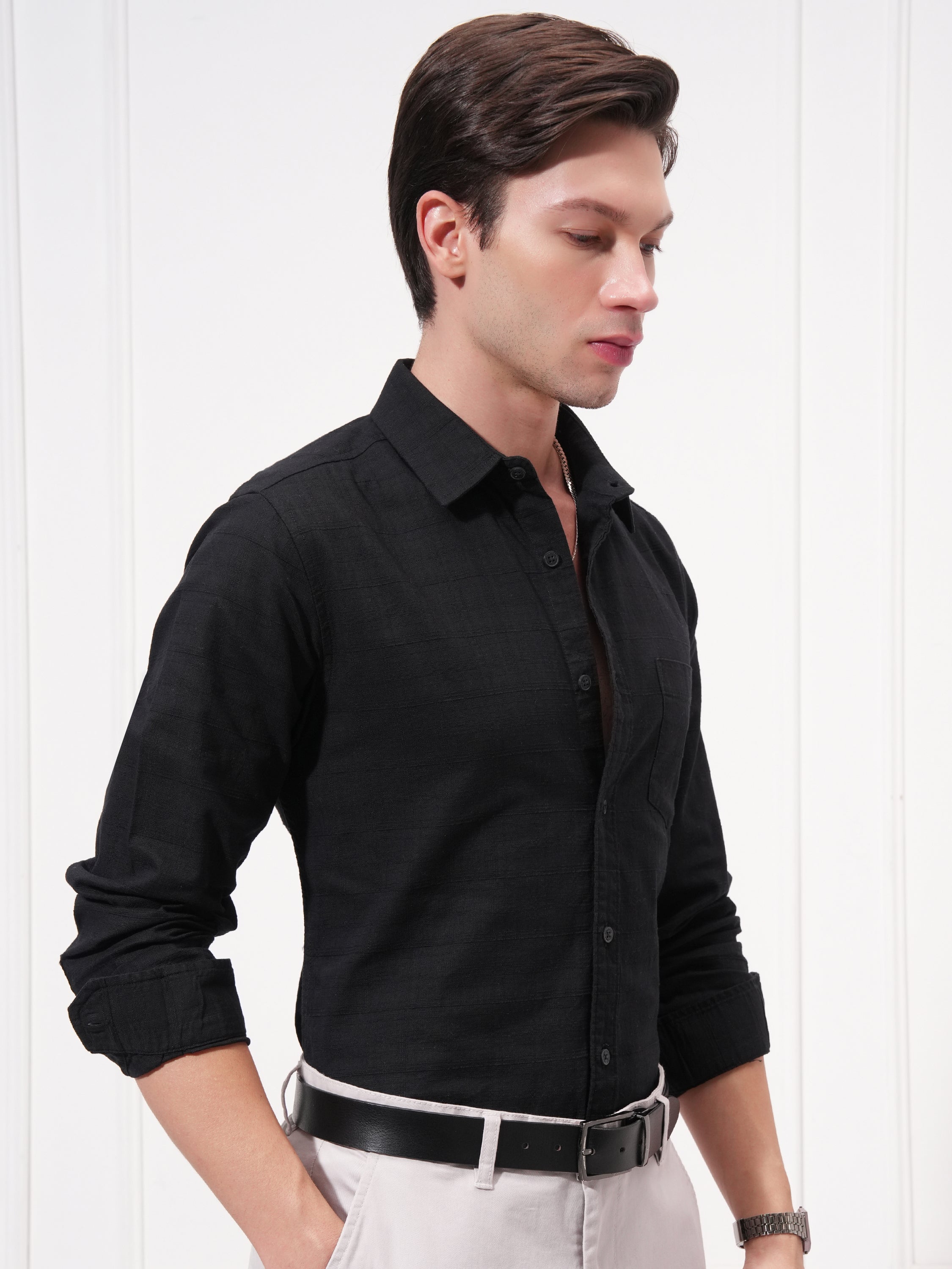 Highlander Men Black Self Design Slim Fit Casual Shirt - Black - Image 6