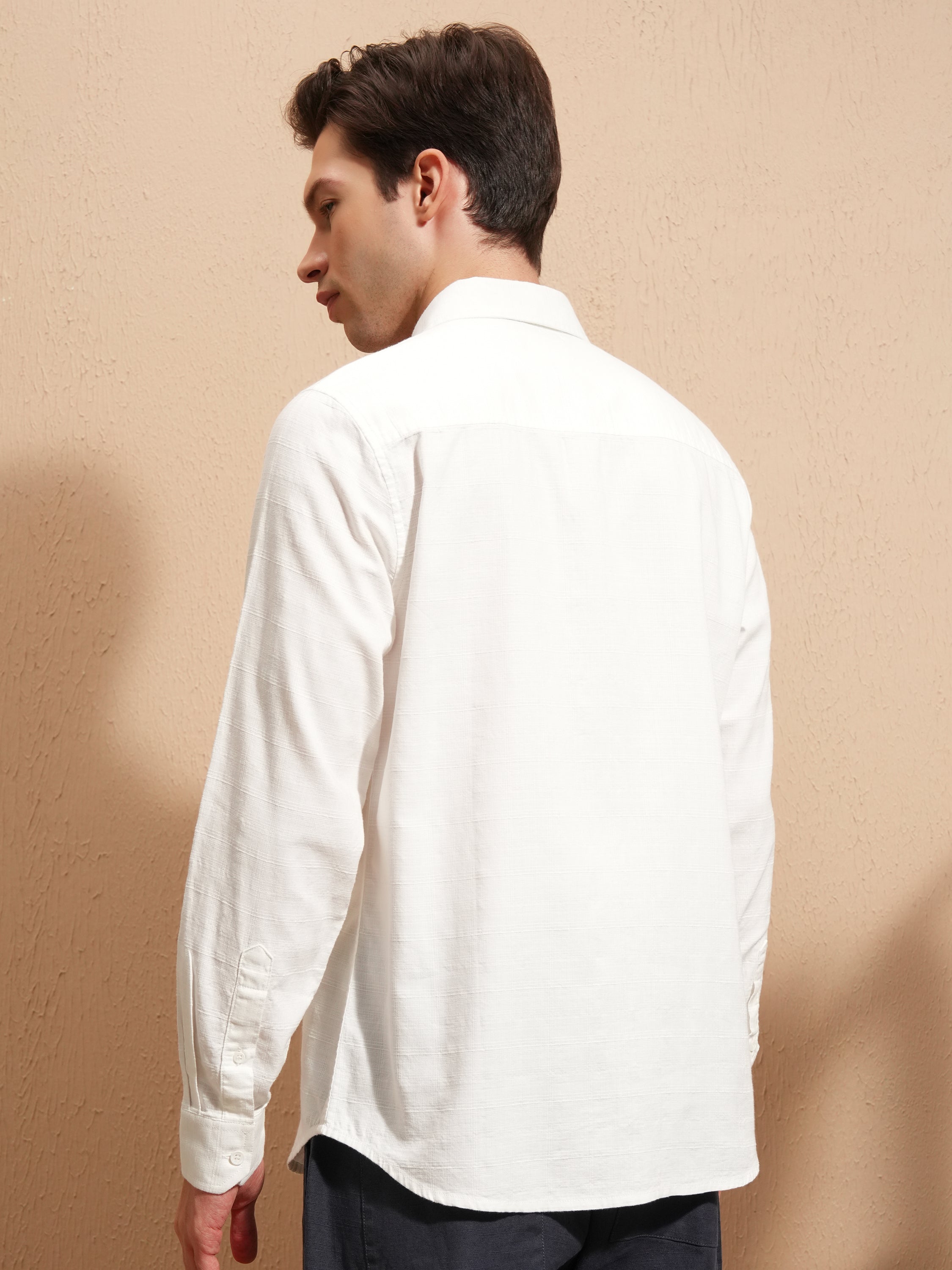 Highlander Men White Self Design Slim Fit Casual Shirt - White - Image 3