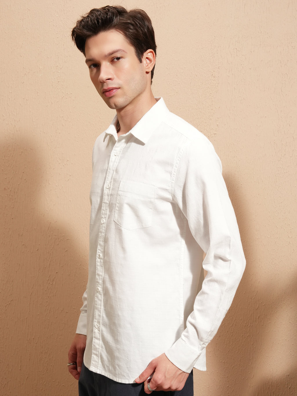 Highlander Men White Self Design Slim Fit Casual Shirt - White - Image 4