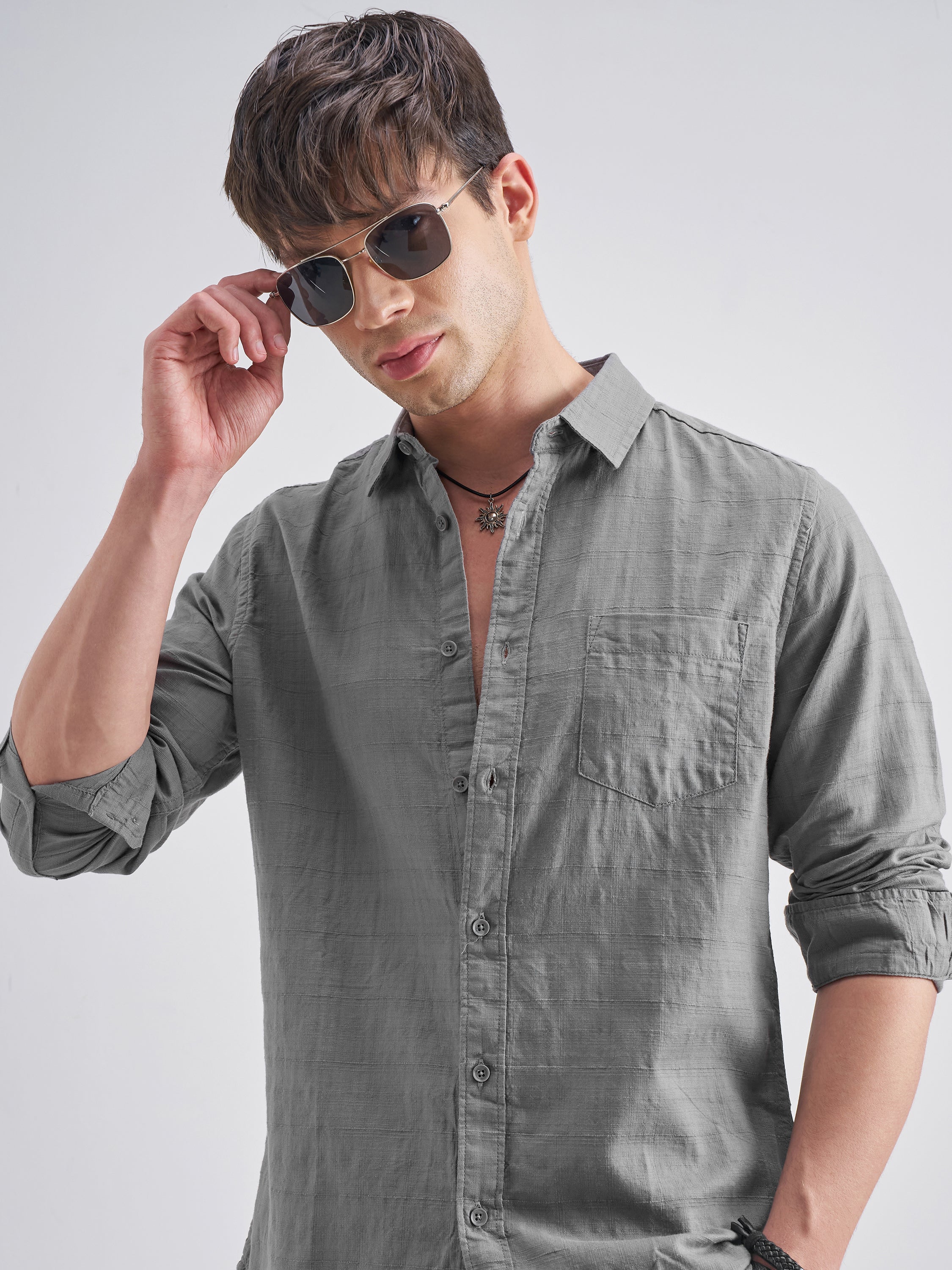 Highlander Men Grey Solid Slim Fit Casual Shirt - Grey - Image 1