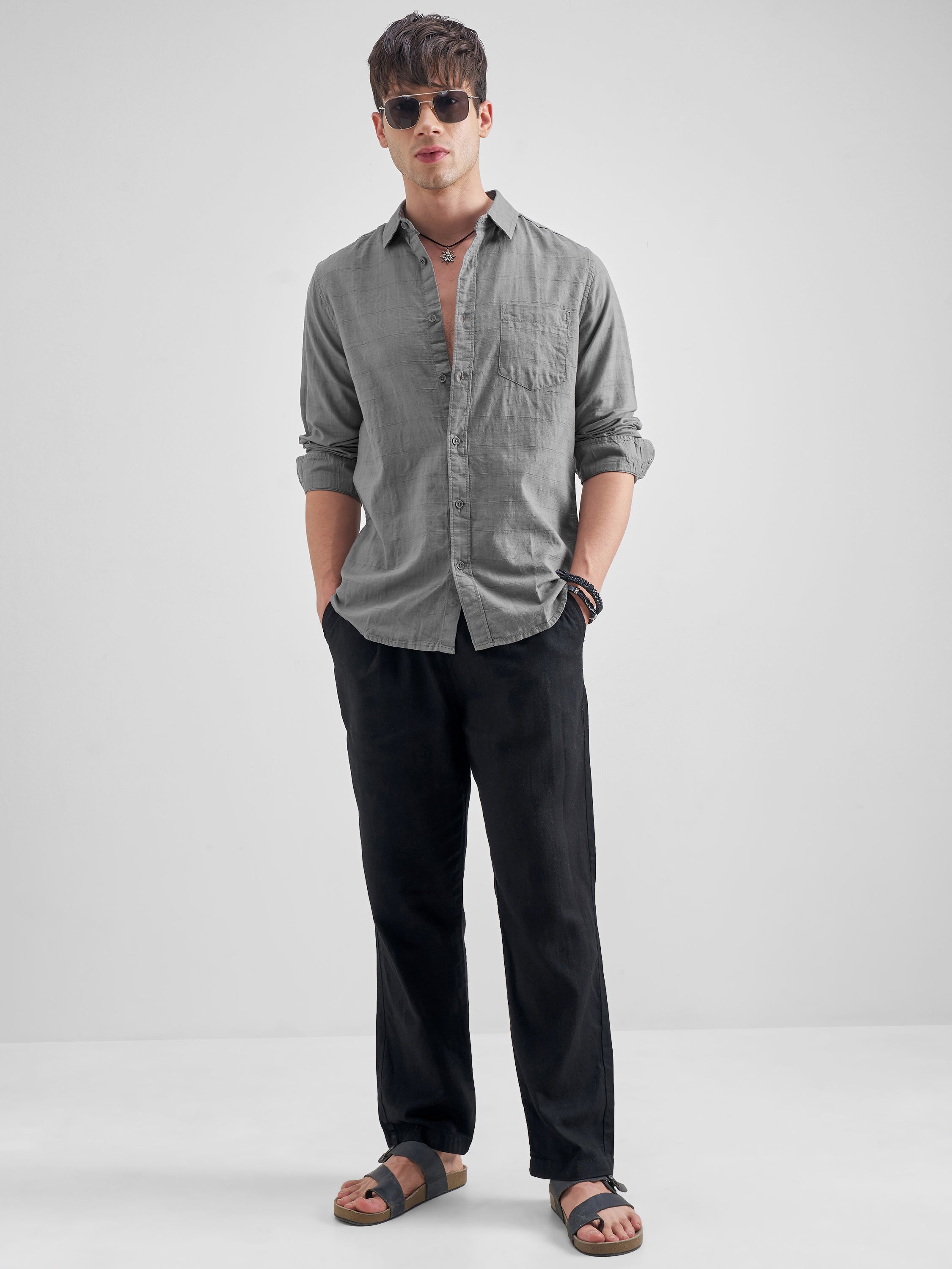 Highlander Men Grey Solid Slim Fit Casual Shirt - Grey - Image 2