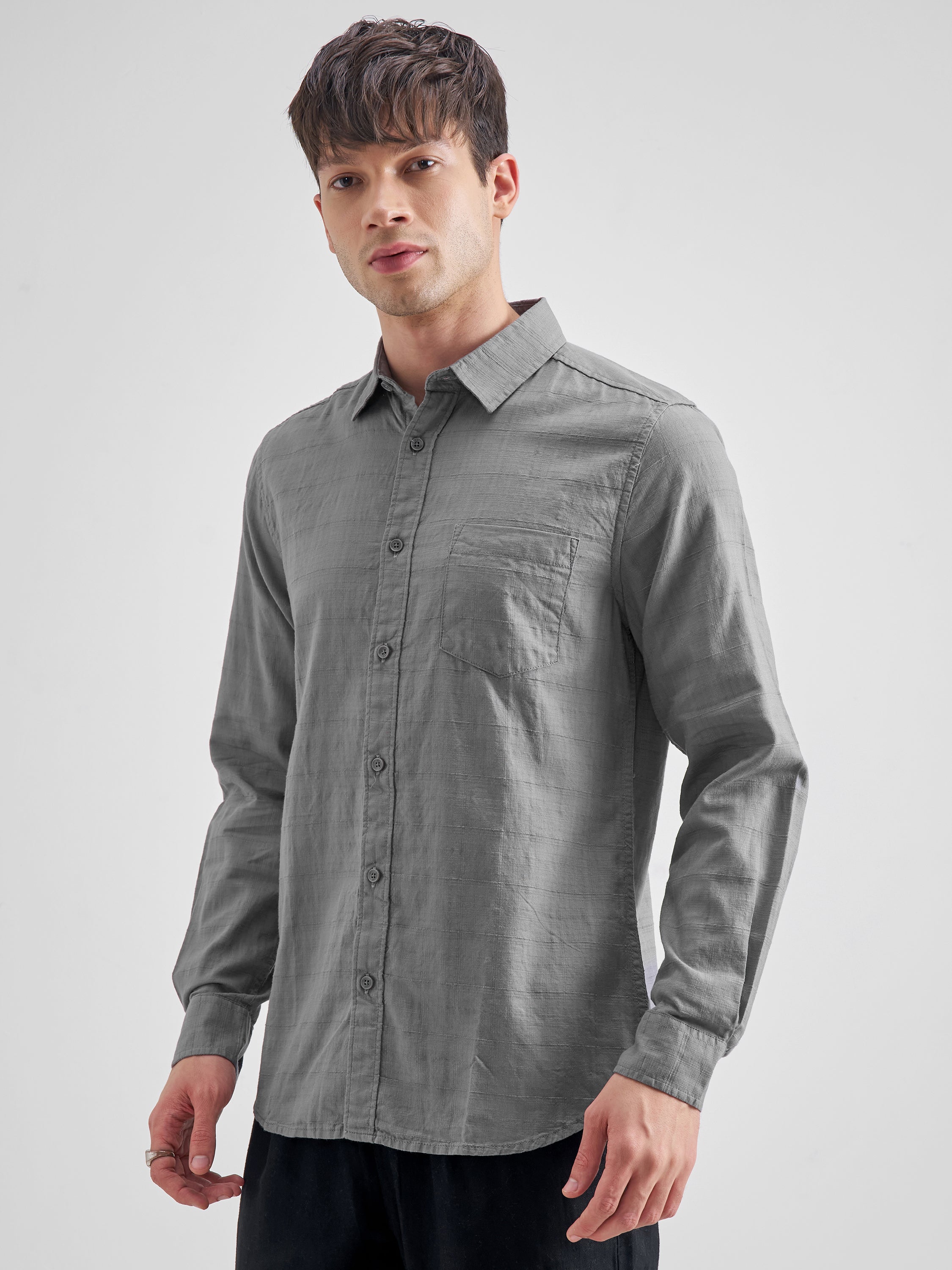 Highlander Men Grey Solid Slim Fit Casual Shirt - Grey - Image 4