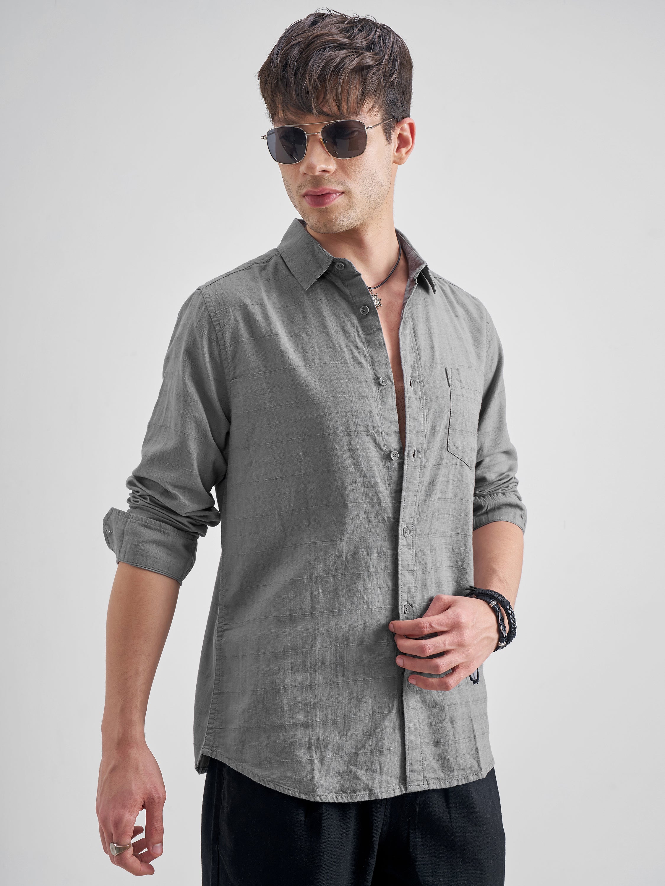 Highlander Men Grey Solid Slim Fit Casual Shirt - Grey - Image 6