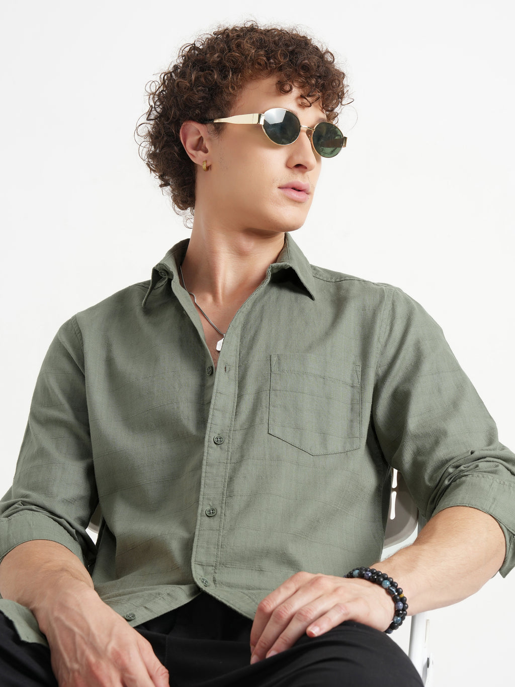 Highlander Men Green Self Design Slim Fit Casual Shirt - Green - Image 1