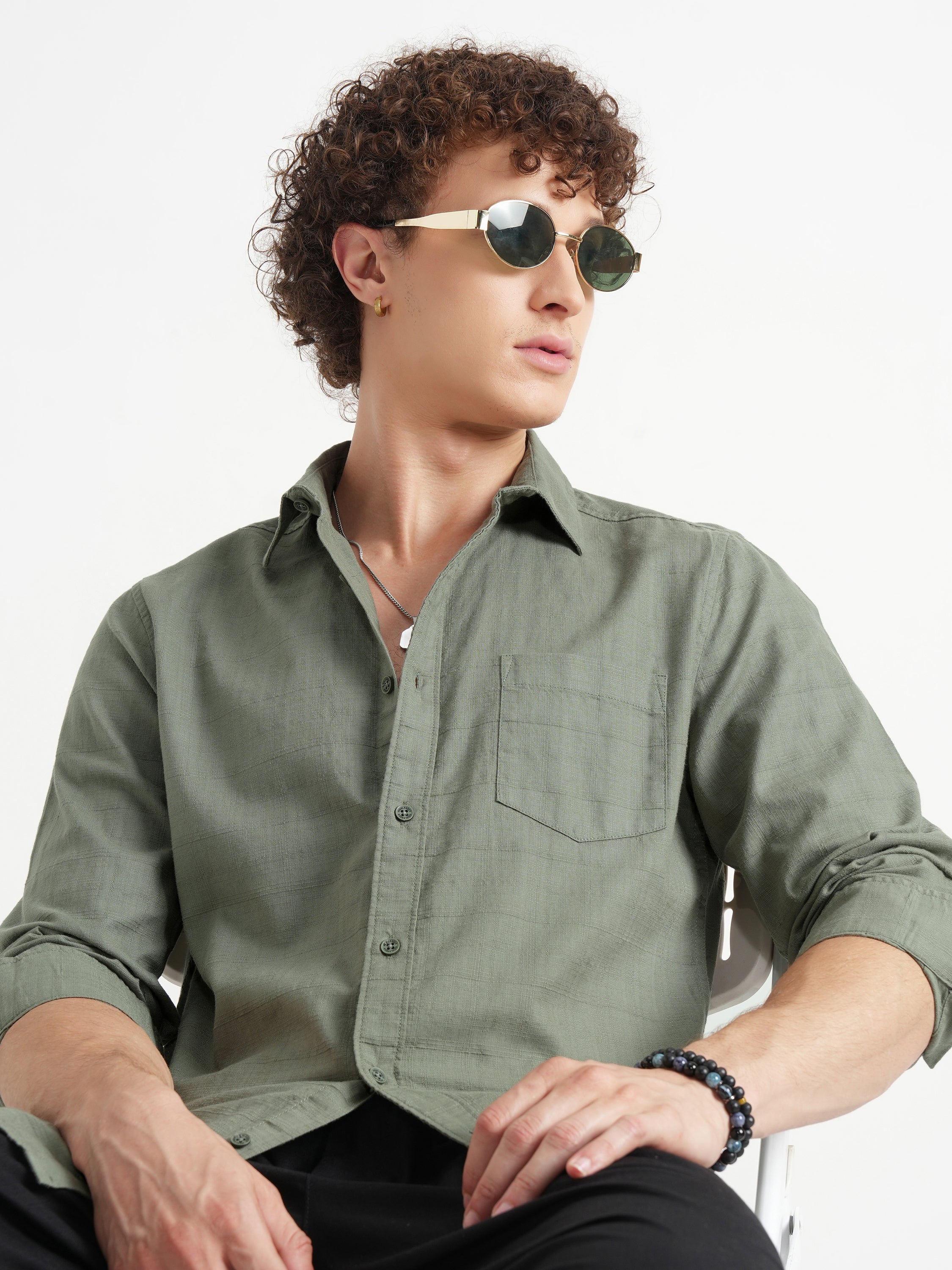 Highlander Men Green Self Design Slim Fit Casual Shirt - Green - Image 1