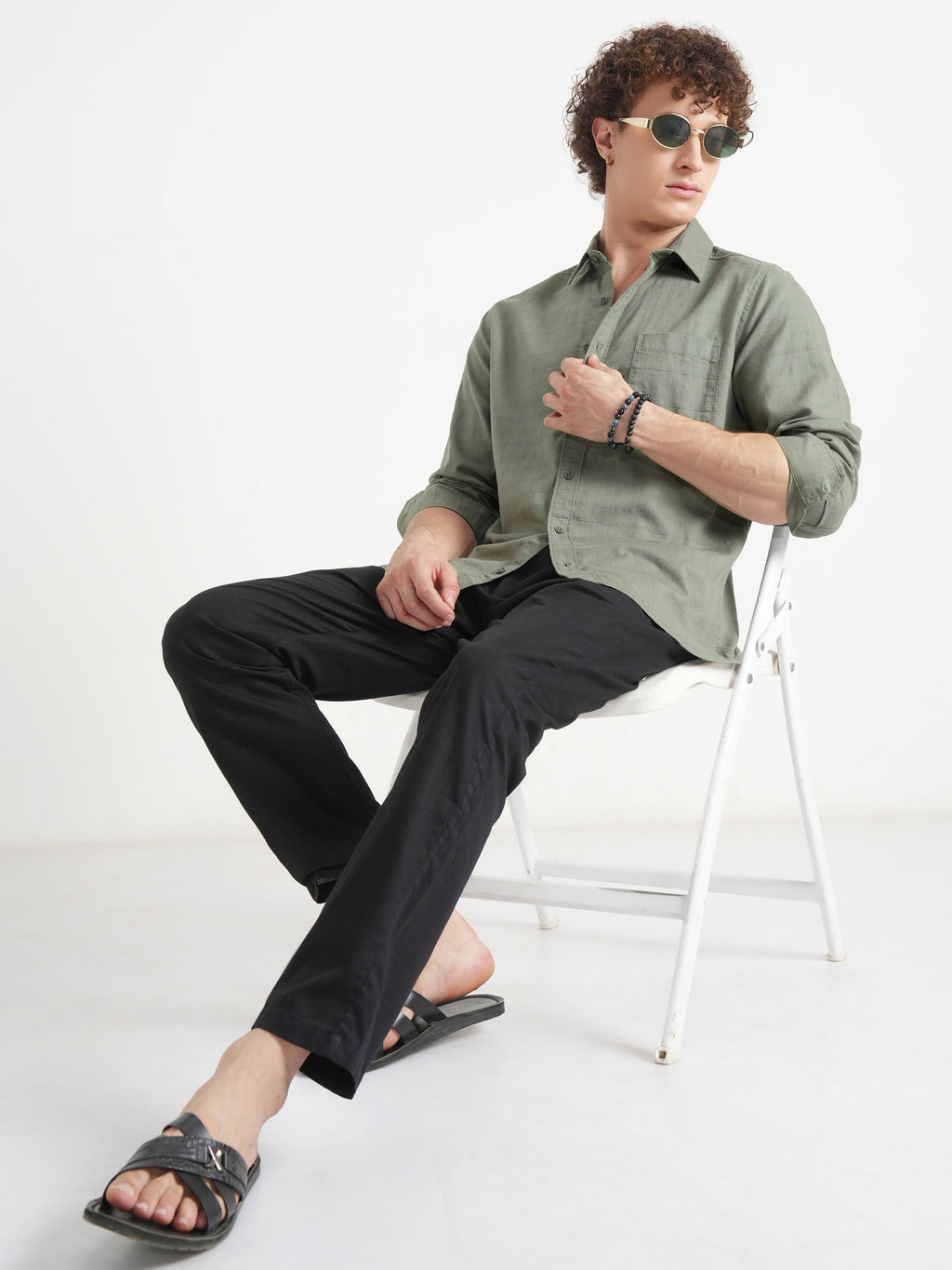 Highlander Men Green Self Design Slim Fit Casual Shirt - Green - Image 2