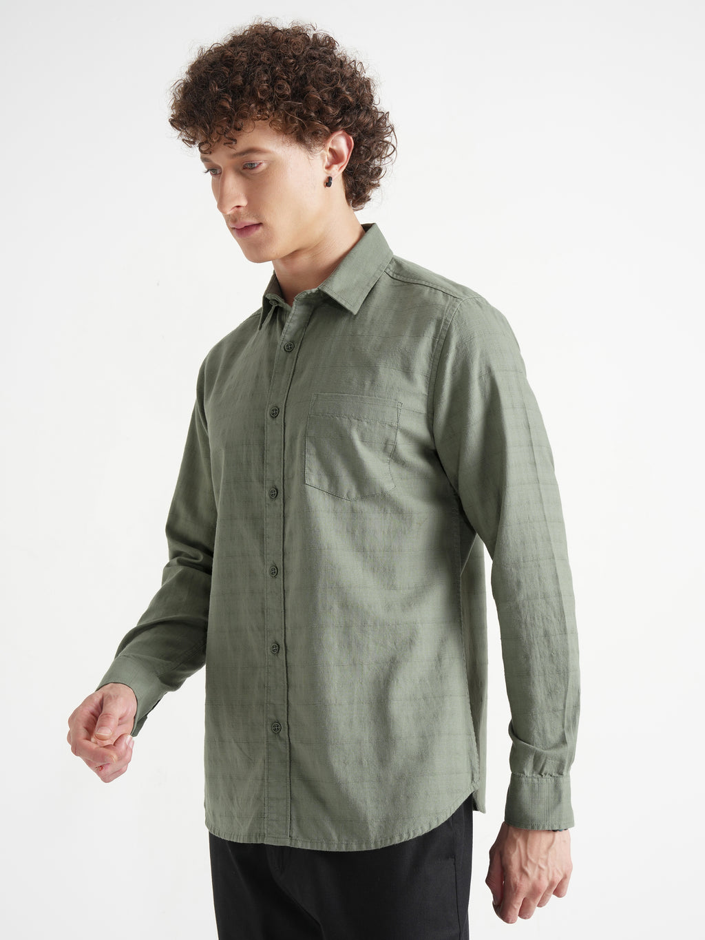 Highlander Men Green Self Design Slim Fit Casual Shirt - Green - Image 4
