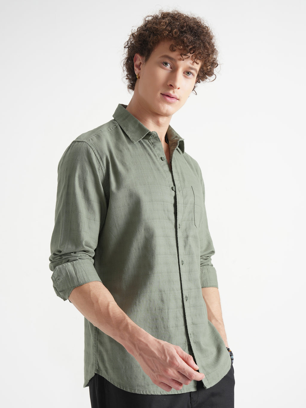 Highlander Men Green Self Design Slim Fit Casual Shirt - Green - Image 6