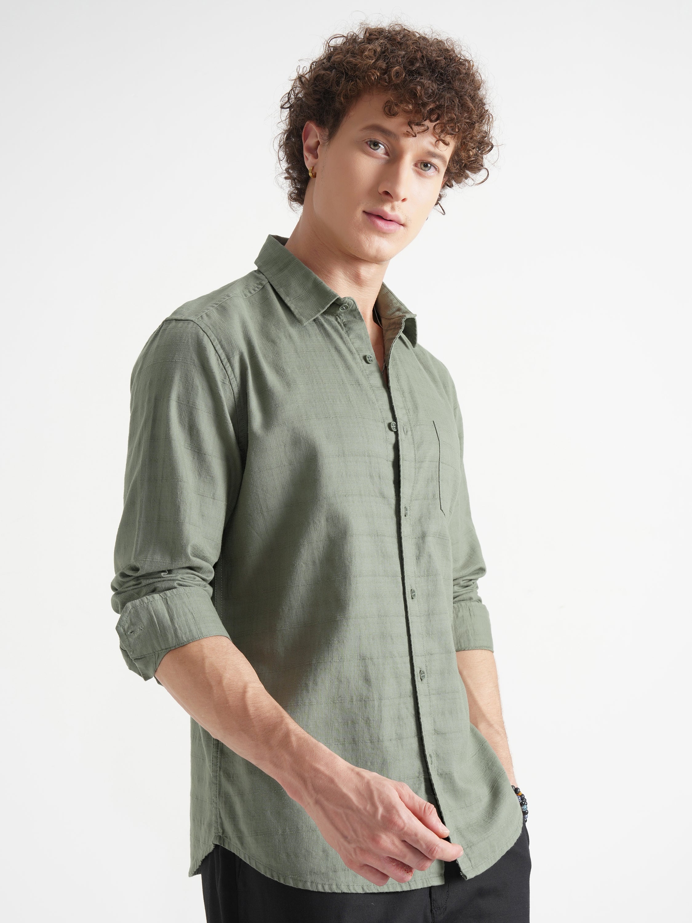 Highlander Men Green Self Design Slim Fit Casual Shirt - Green - Image 6