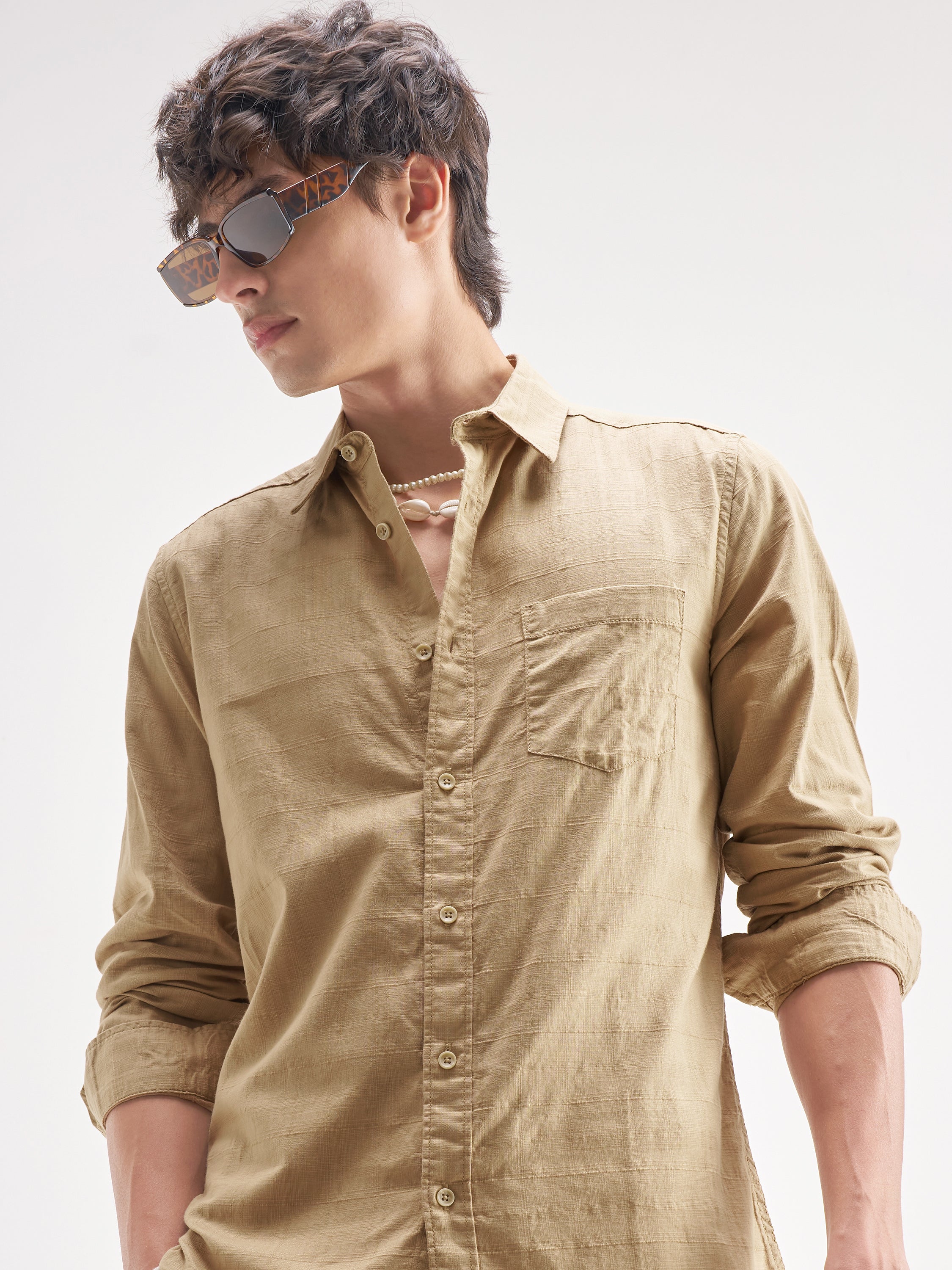 Highlander Men Beige Self Design Regular Fit Casual Shirt - Beige - Image 1