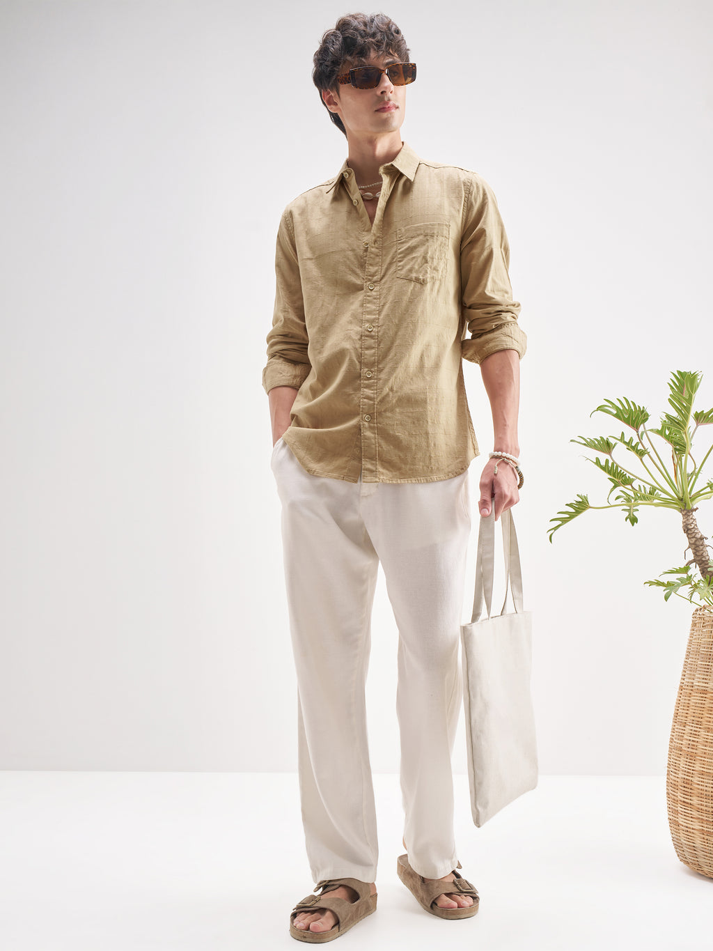 Highlander Men Beige Self Design Regular Fit Casual Shirt - Beige - Image 2