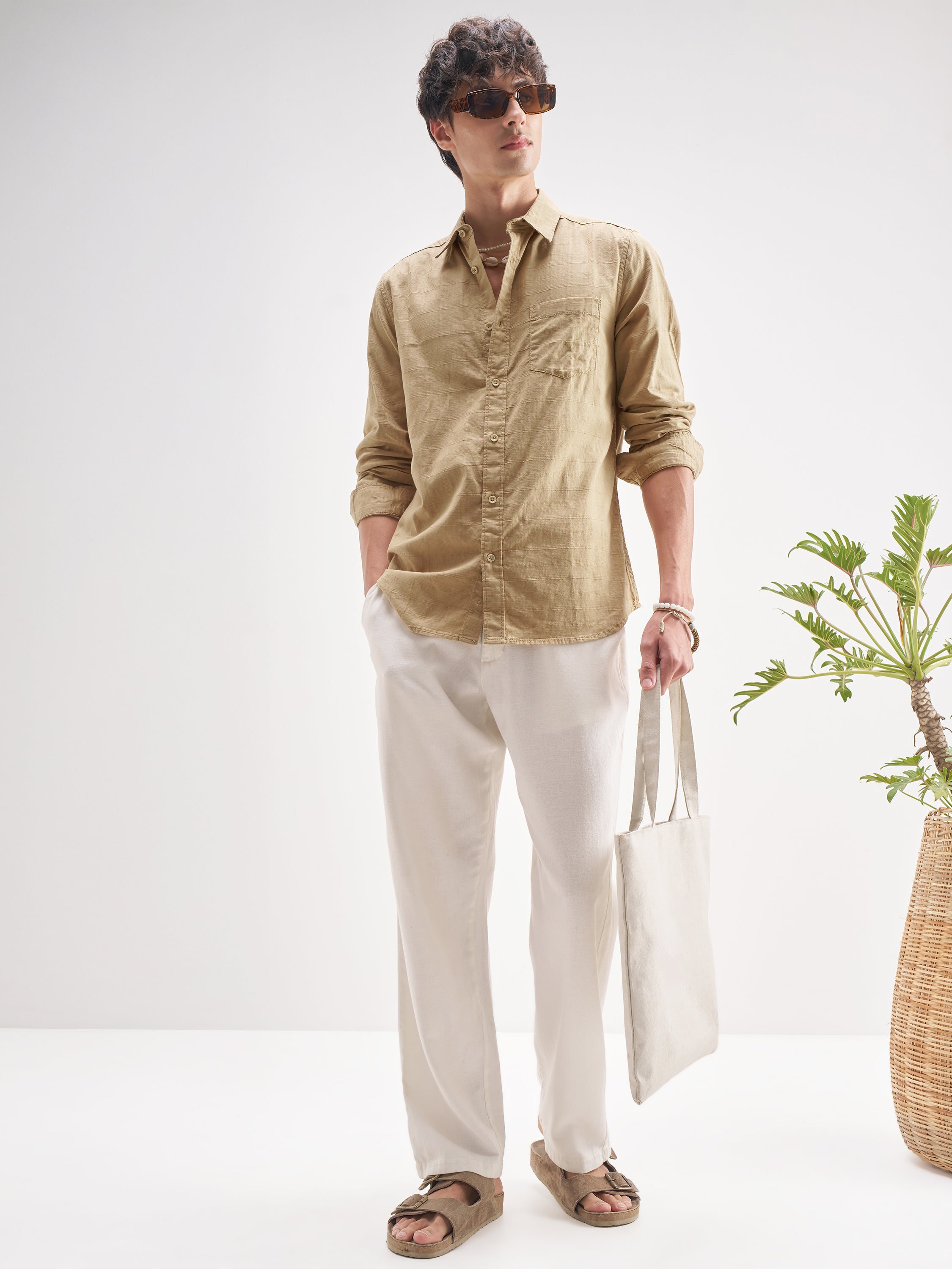 Highlander Men Beige Self Design Regular Fit Casual Shirt - Beige - Image 2