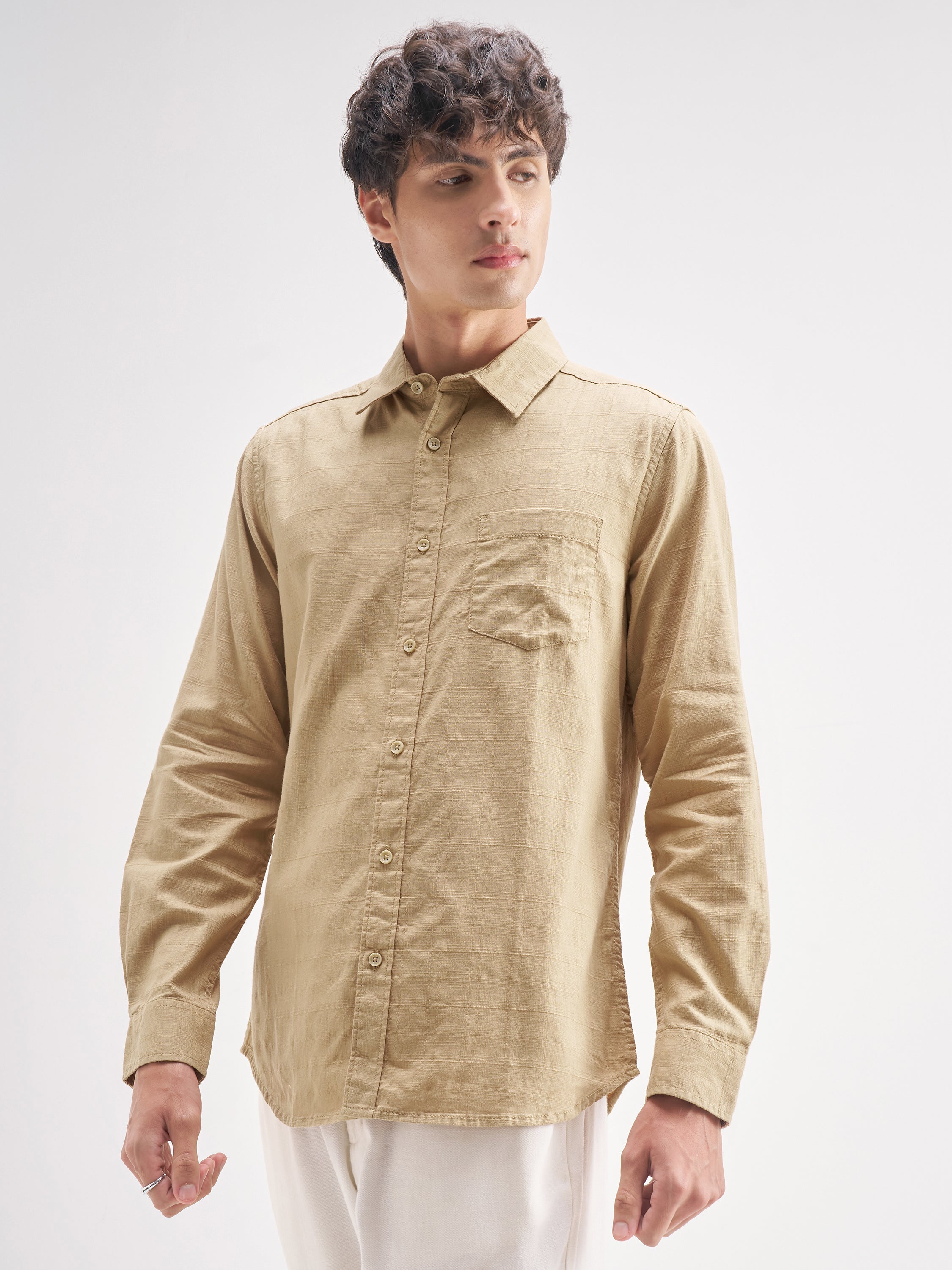 Highlander Men Beige Self Design Regular Fit Casual Shirt - Beige - Image 4