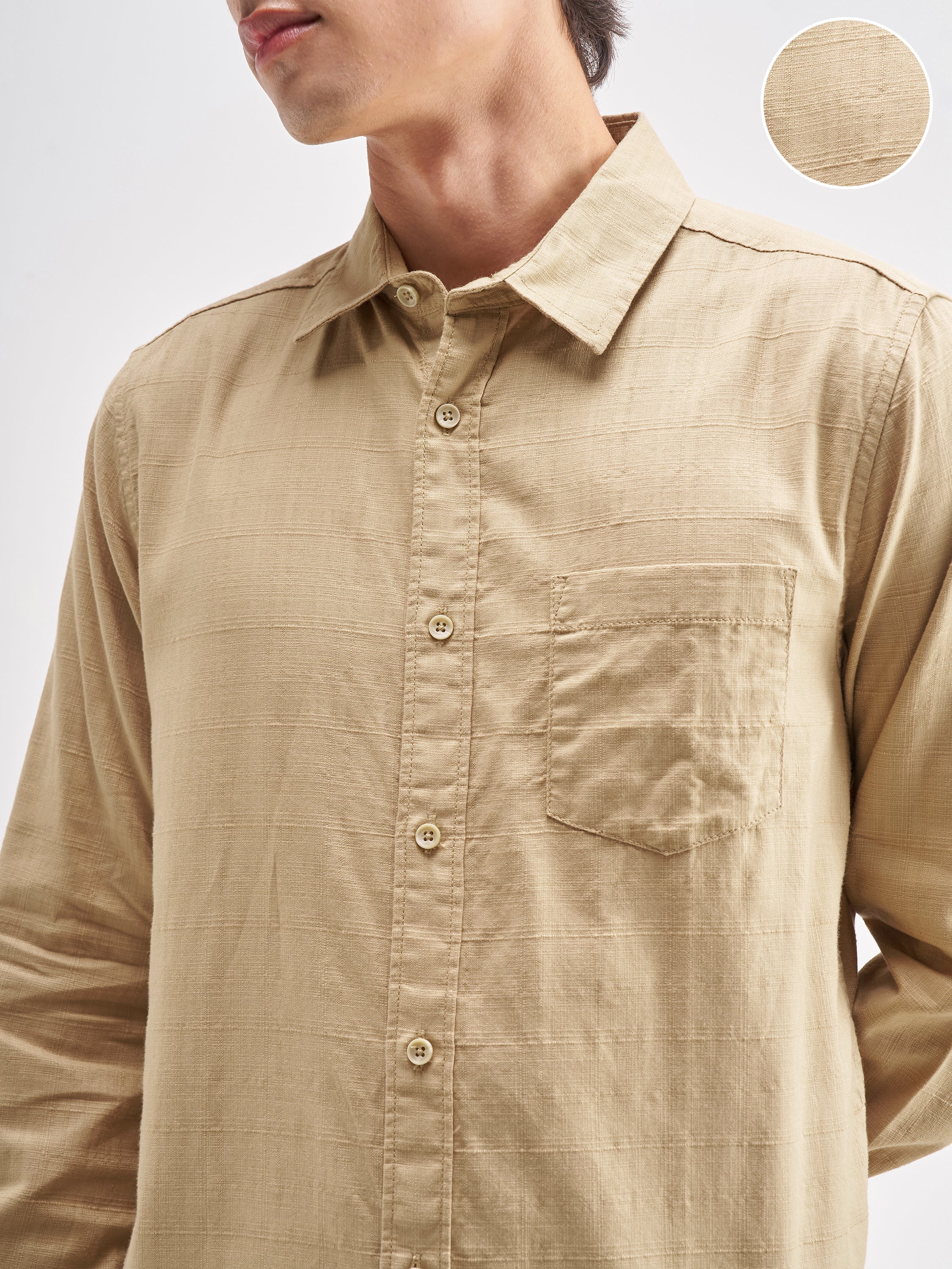 Highlander Men Beige Self Design Regular Fit Casual Shirt - Beige - Image 5