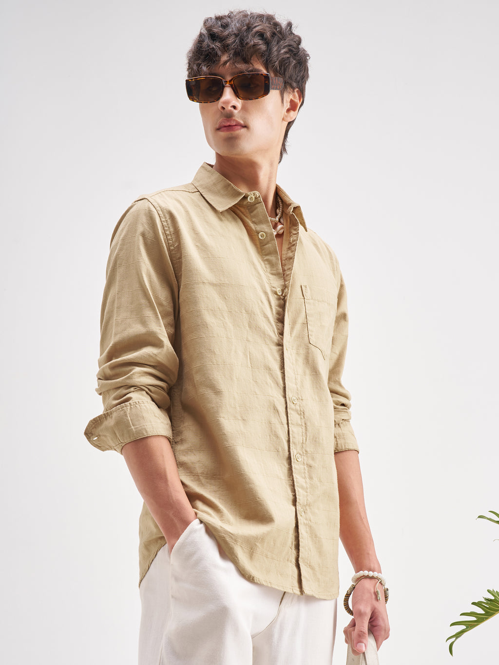 Highlander Men Beige Self Design Regular Fit Casual Shirt - Beige - Image 6